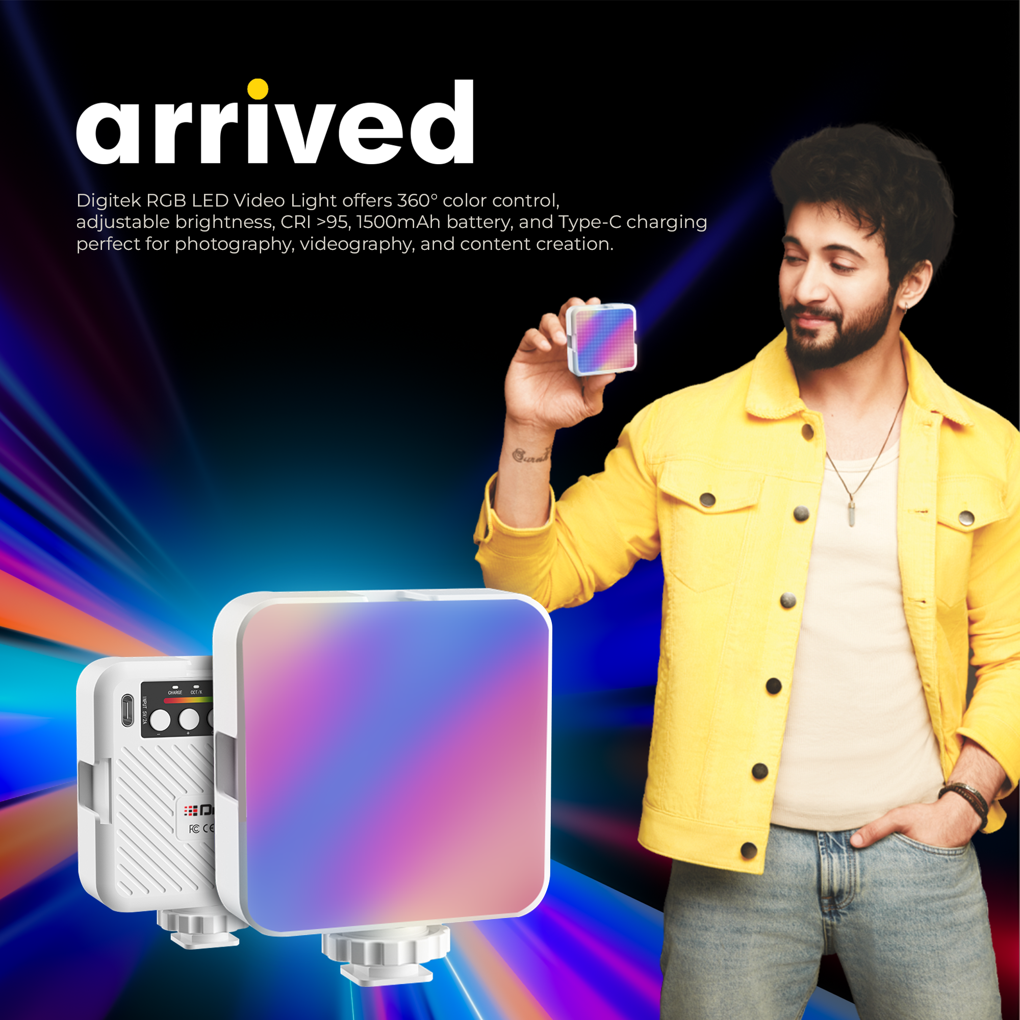 Digitek (LED-D6W RGB) Portable Mini RGB LED Video Light with inbuild Battery & 360° HSI, 3000K-6000K, 8-Level Control, 9 Special FX Modes, Type-C Charging, 1hr Battery, for Photography & Videoshoots