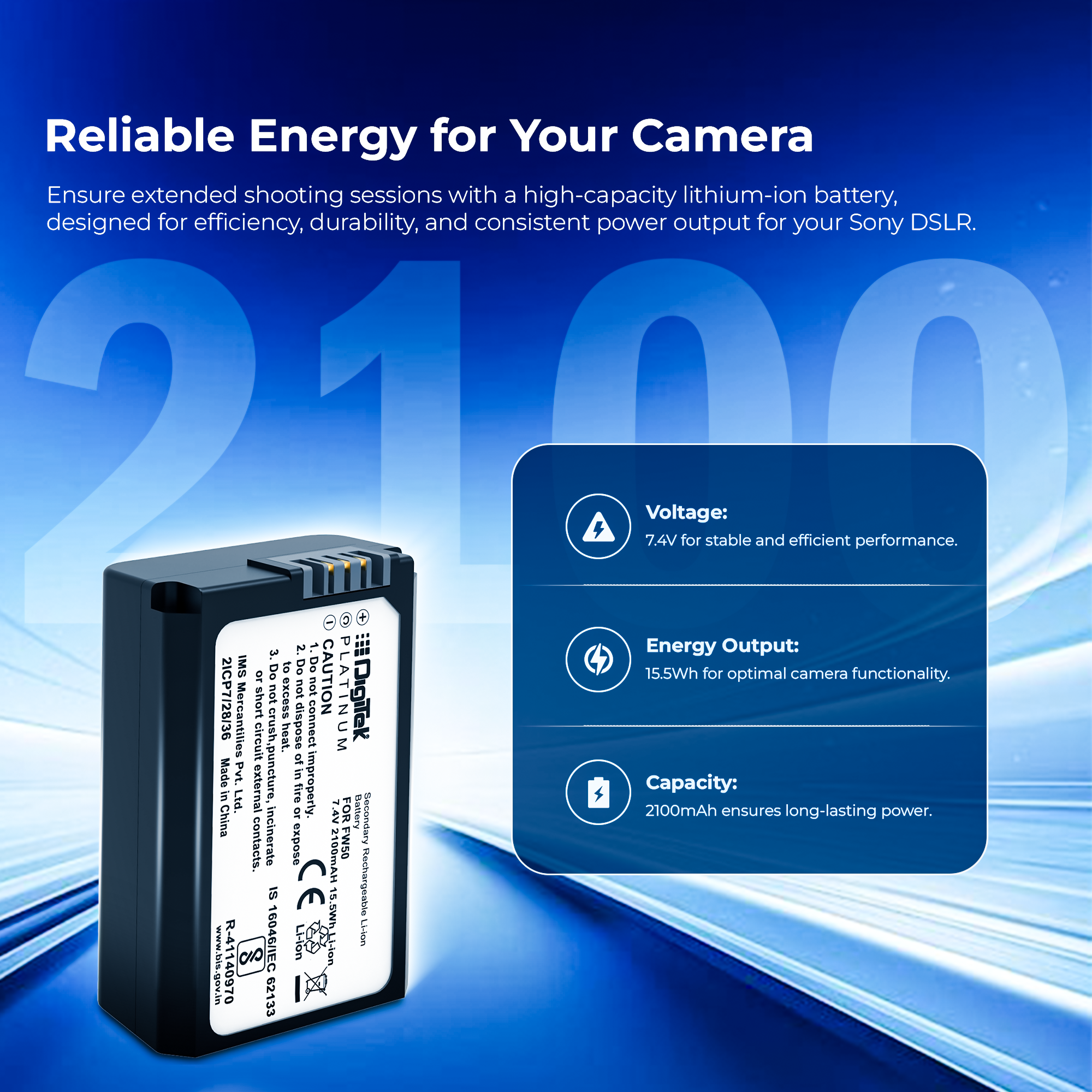 Digitek (Platinum FW-50) Platinum Lithium-ion Rechargeable Battery for Sony DSLR Camera | Compatibility - Alpha NEX-3, 5, 6 and 7 Series Cameras, DSLR-SLT-A33, DSLR-SLT-A55