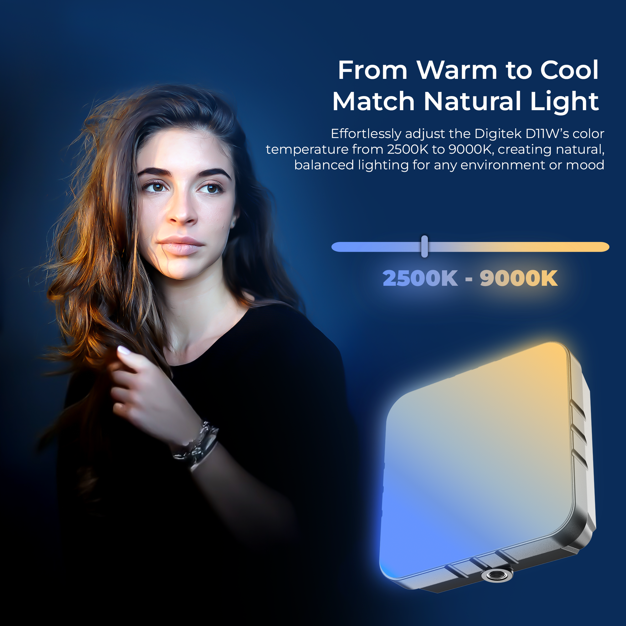 Digitek (LED-D11W Bi Color) Mini 11W Bi-Color LED Video Light with 120° Beam Angle, 2000mAh Battery, Brightness Adjustment, 2500K–9900K, Type-C Charging, 1/4" Mount, 40 LEDs Bulbs, for Vlogs & Live Streaming