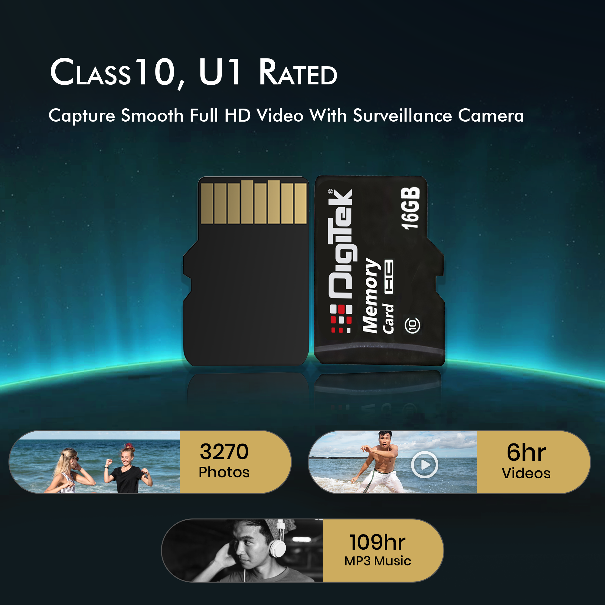 بطاقة ذاكرة ديجيتك (DTF 16GB C10) عالية السرعة من نوع مايكرو SDHC بسعة 16 جيجابايت UHS-I - A1، الفئة 10، سرعة 100 ميجابايت/ثانية، مقاومة للماء والصدمات والأشعة السينية، مثالية للهواتف الذكية والكاميرات وكاميرات المراقبة وغيرها