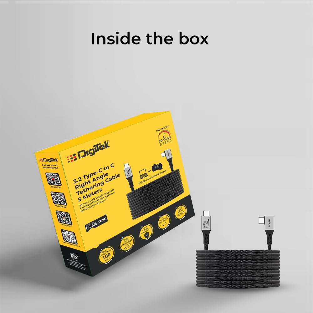 كابل Digitek® (DC 5M-TC2C 3.2) من النوع C إلى النوع C بزاوية قائمة، بطول 5 أمتار، مضفر من النايلون، شحن سريع بقدرة 100 واط، نقل بيانات بسرعة 20 جيجابت في الثانية، ثنائي الاتجاه، لتطبيقات التصوير الفوتوغرافي والفيديو.