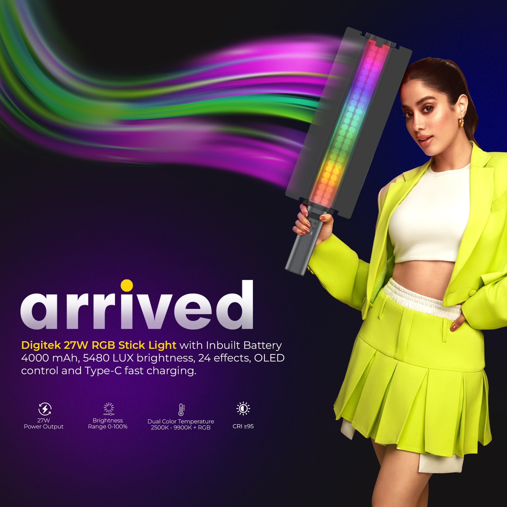 Digitek (DSL 27W RGB) 27W LED Stick Light Wand with Barndoor & Built-in Battery, 2500K-9900K + RGB, 5480 Lux, 24 FX Modes, CRI 95+, OLED Display, 0-360° HSI, Type-C Charging, For Photo & Videography