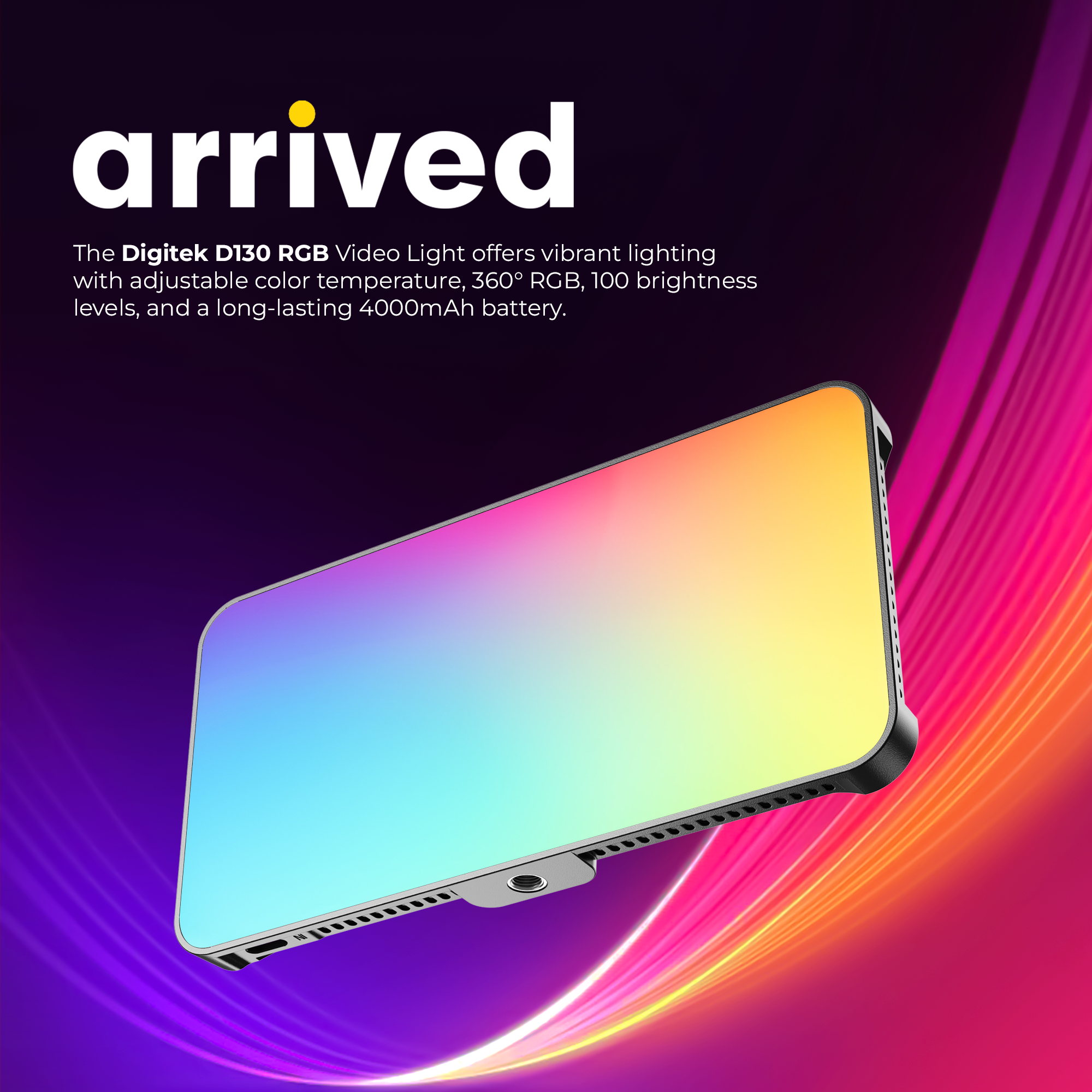 Digitek (LED-D130 RGB) 12W Portable Video LED Light, 130pcs LED with 2500K±9900K, Built-in 4000mAh Battery, 21 FX Modes, HSI 360°, 0-100% Brightness Control, 1/4" Screw Mount, For Photo & Videography