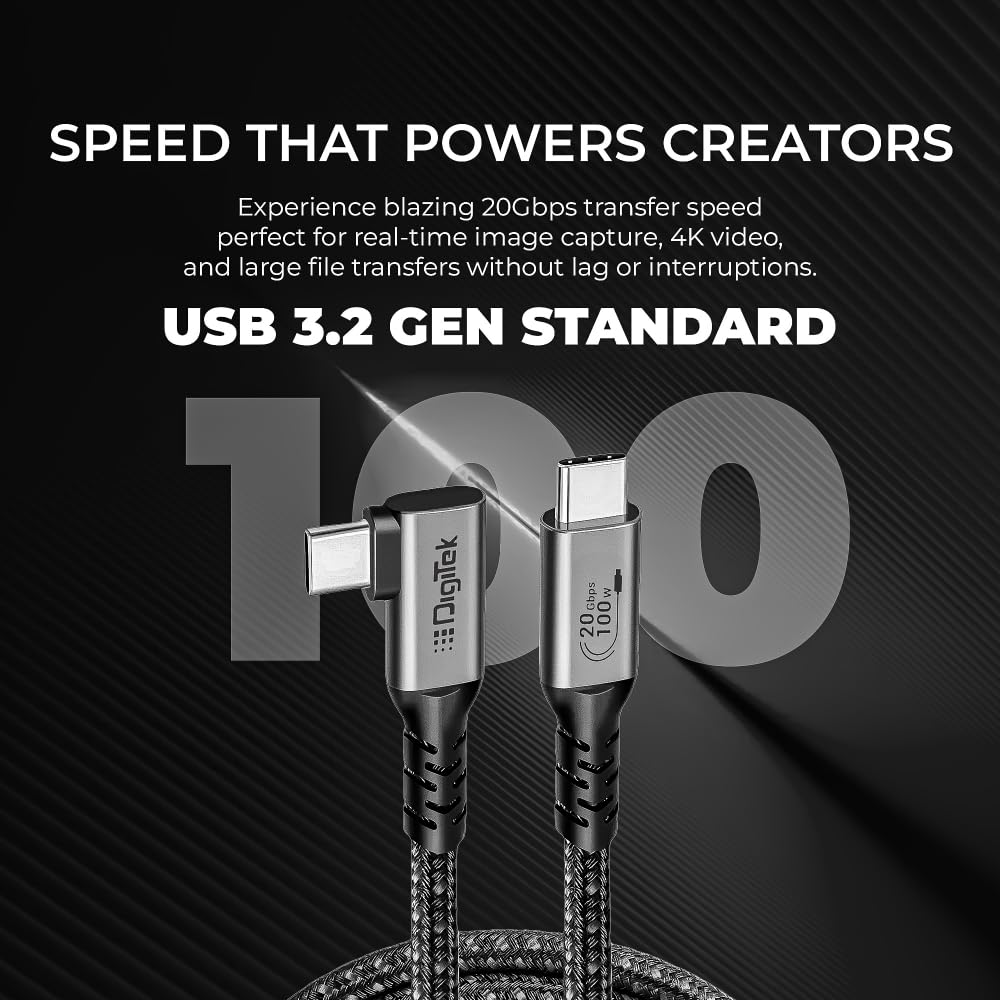 كابل Digitek® (DC 5M-TC2C 3.2) من النوع C إلى النوع C بزاوية قائمة، بطول 5 أمتار، مضفر من النايلون، شحن سريع بقدرة 100 واط، نقل بيانات بسرعة 20 جيجابت في الثانية، ثنائي الاتجاه، لتطبيقات التصوير الفوتوغرافي والفيديو.
