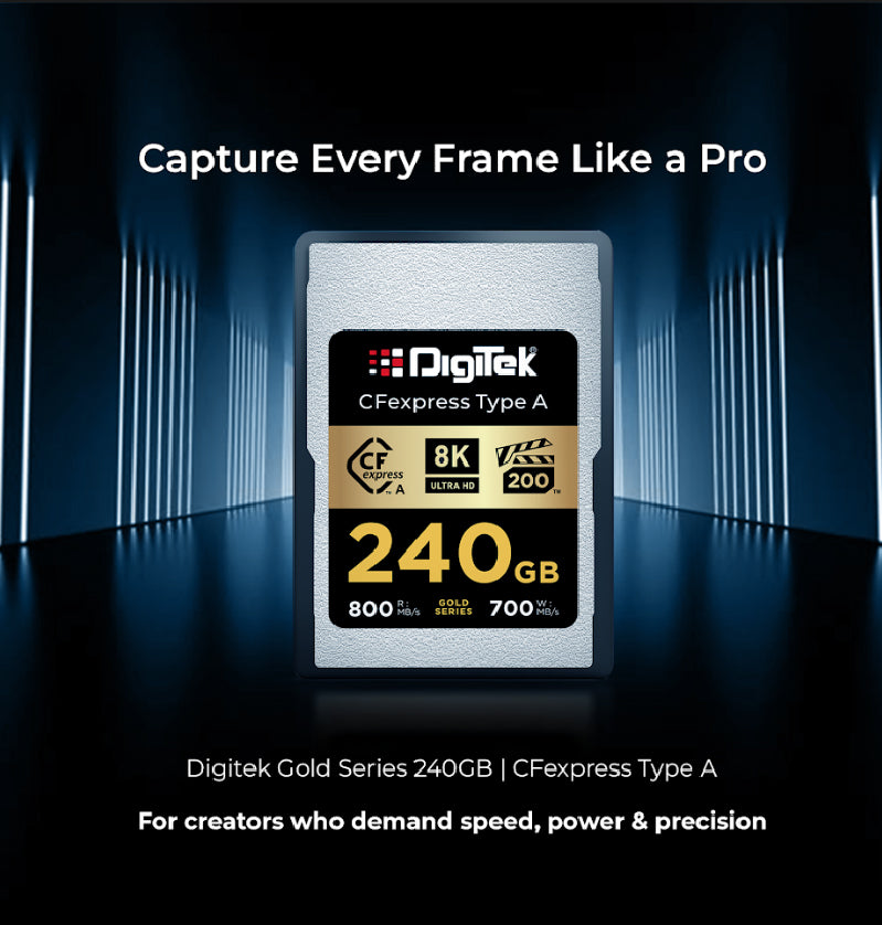 Digitek (DCFA 240GB Gold Series) CFexpress Type A Memory Card – 800MB/s Read, 700MB/s Write, 8K Ultra HD Support, Nytro Boost, Perfect Frame, 5-Year Warranty, For High Speed 8K Videography