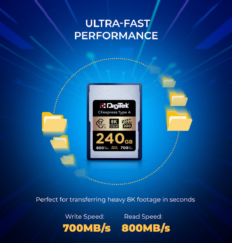 Digitek (DCFA 240GB Gold Series) CFexpress Type A Memory Card – 800MB/s Read, 700MB/s Write, 8K Ultra HD Support, Nytro Boost, Perfect Frame, 5-Year Warranty, For High Speed 8K Videography
