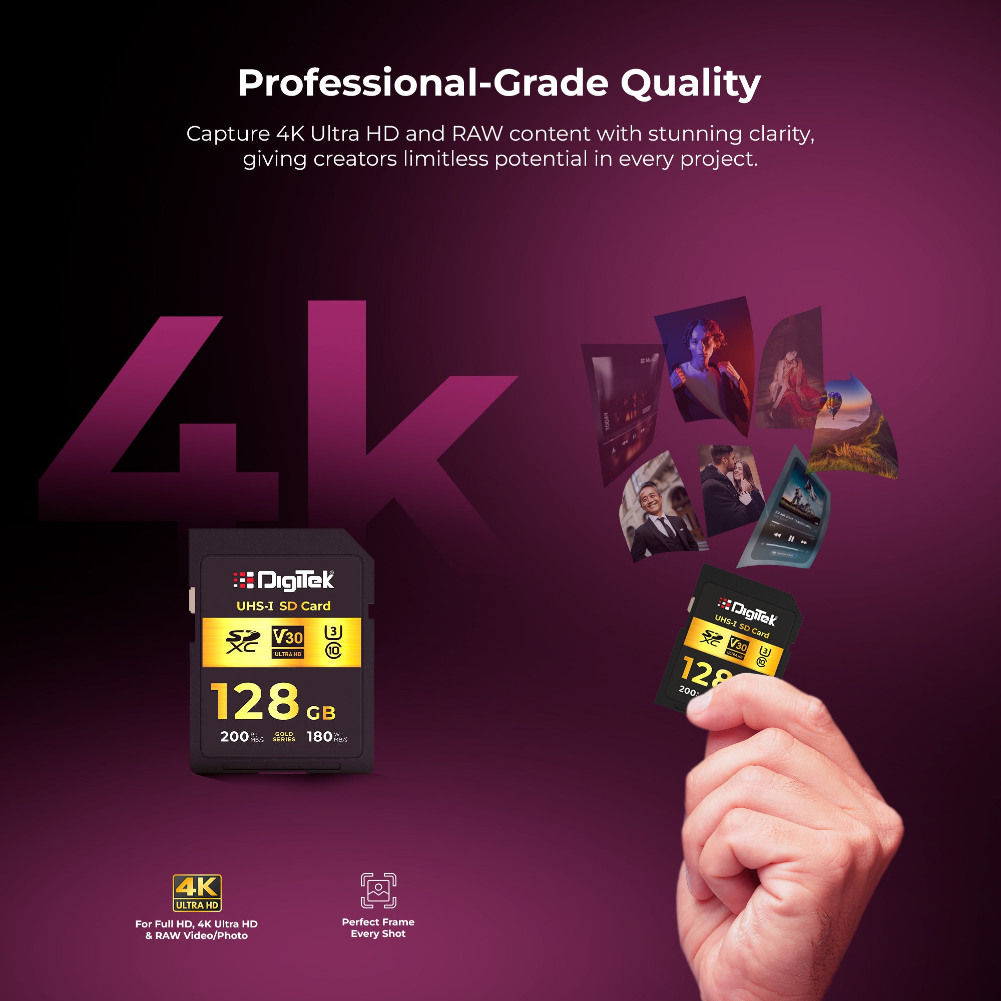 Digitek V30 Ultra HD 128GB UHS-I SD Card – 200MB/s Read, 180MB/s Write, Gold Series, 4K Ready