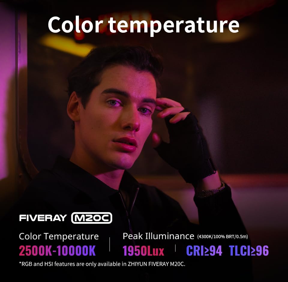 مجموعة إضاءة الفيديو RGB الرسمية من ZHIYUN FIVERAY M20C، إضاءة كاميرا محمولة بقوة 20 واط، وضع HSI، مؤشر TLCI 96+، درجة حرارة اللون من 2500 كلفن إلى 10000 كلفن مع 16 تأثيرًا ضوئيًا، تدعم الجذب المغناطيسي والتطبيق مع منفذ USB-C PD