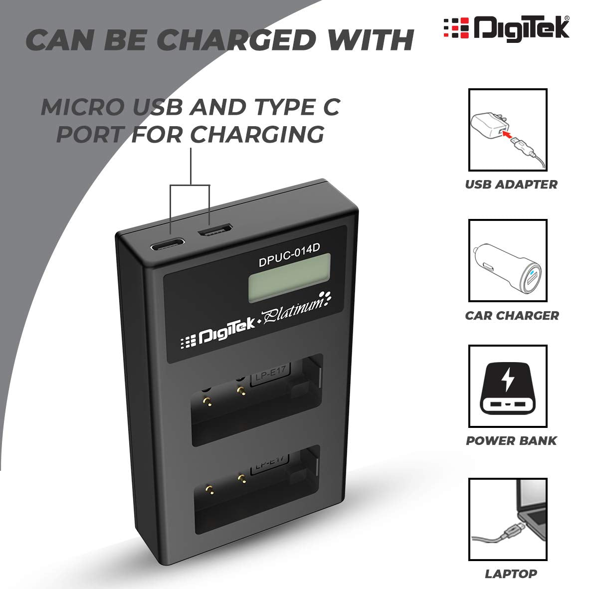 Digitek (DPUC-014 D E17) Platinum Dual Port Li-ion LCD Battery Charger with 2 Nos of 1250mAh Capacity LP E17 Li-ion Battery Combo Pack - Digitek