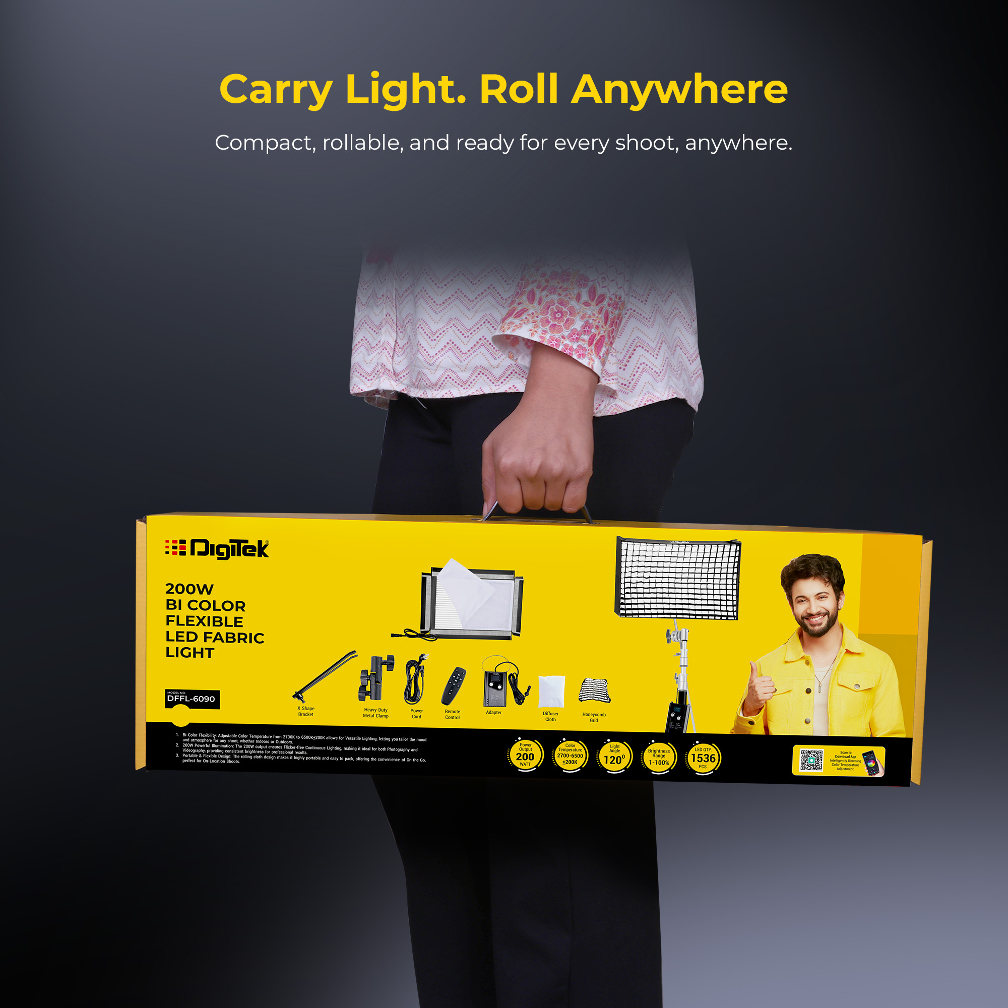 Digitek®(DFFL 6090) 200W Bi-Color Flexible Fabric LED Video Light with Remote & App Control, 1536 LEDs, 2700K–6500K±200K, 0–100% Dimming, 120° Beam Angle, 18000LM, Includes X Bracket, Diffuser, Honeycomb Grid & Accessories, for Photo & Videography