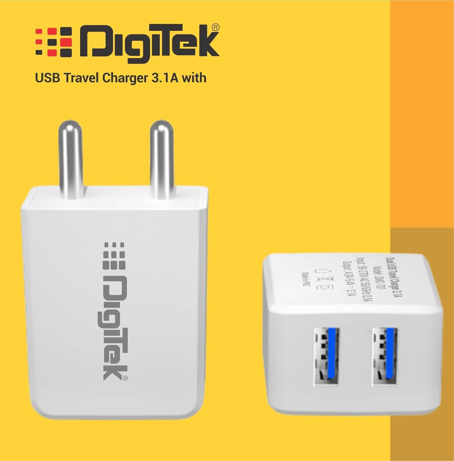 Digitek (DMC-101 LTC) Dual Port USB Travel Charger 5V/3.1A Wall Charger with HD Lightning Cable, Fast Charging Adapter Suitable for Smartphones, Tablet, iPhones, iPods, iPad, Mobile phones & other USB devices.
