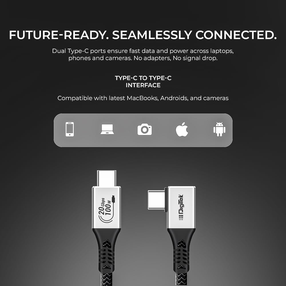 كابل Digitek® (DC 5M-TC2C 3.2) من النوع C إلى النوع C بزاوية قائمة، بطول 5 أمتار، مضفر من النايلون، شحن سريع بقدرة 100 واط، نقل بيانات بسرعة 20 جيجابت في الثانية، ثنائي الاتجاه، لتطبيقات التصوير الفوتوغرافي والفيديو.