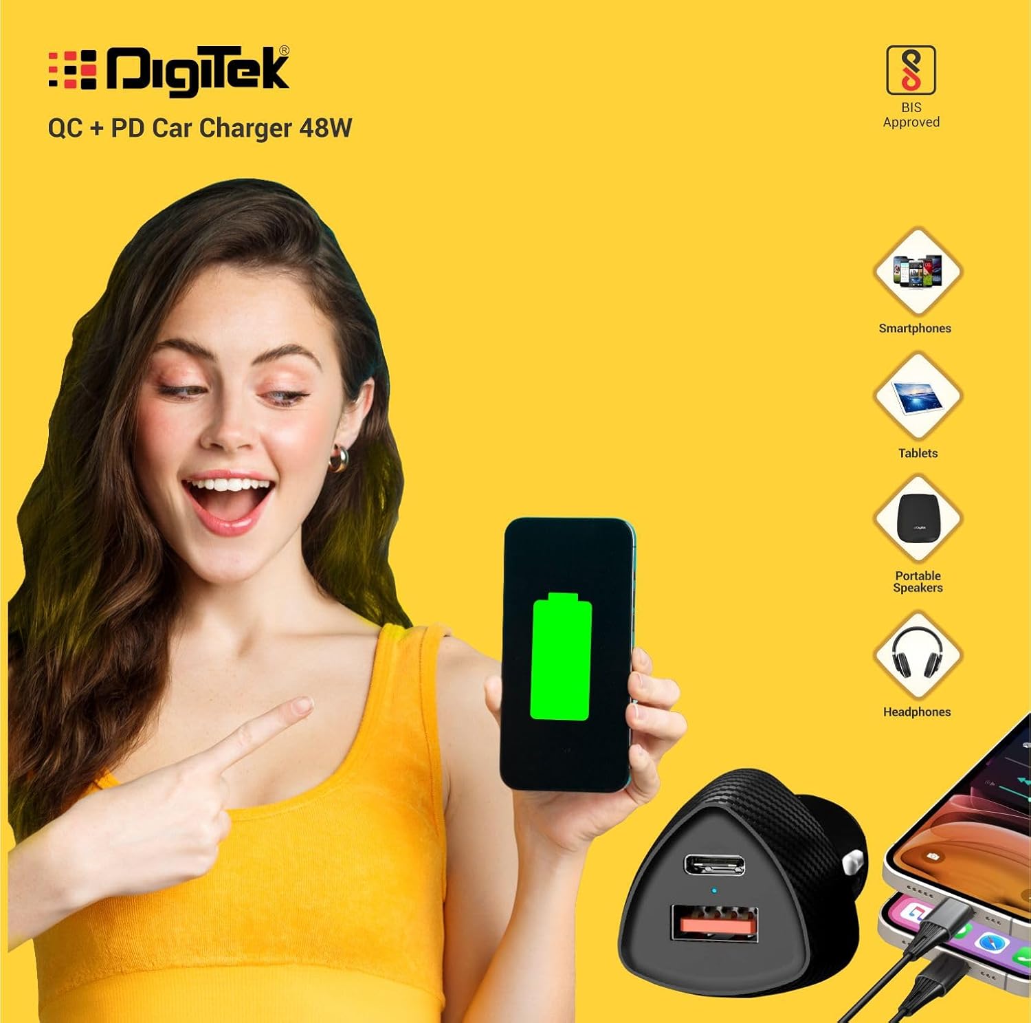 شاحن سيارة سريع ثنائي المنافذ من ديجيتك (DMC QC PD 48W) - محول شحن من النوع C PD و USB للسيارات، لشحن الهواتف الذكية التي تعمل بنظامي Android و iOS، والأجهزة اللوحية، وأجهزة iPad، وسماعات الأذن، وبطاريات الشحن المحمولة، وأجهزة الكمبيوتر المحمولة (أسود)