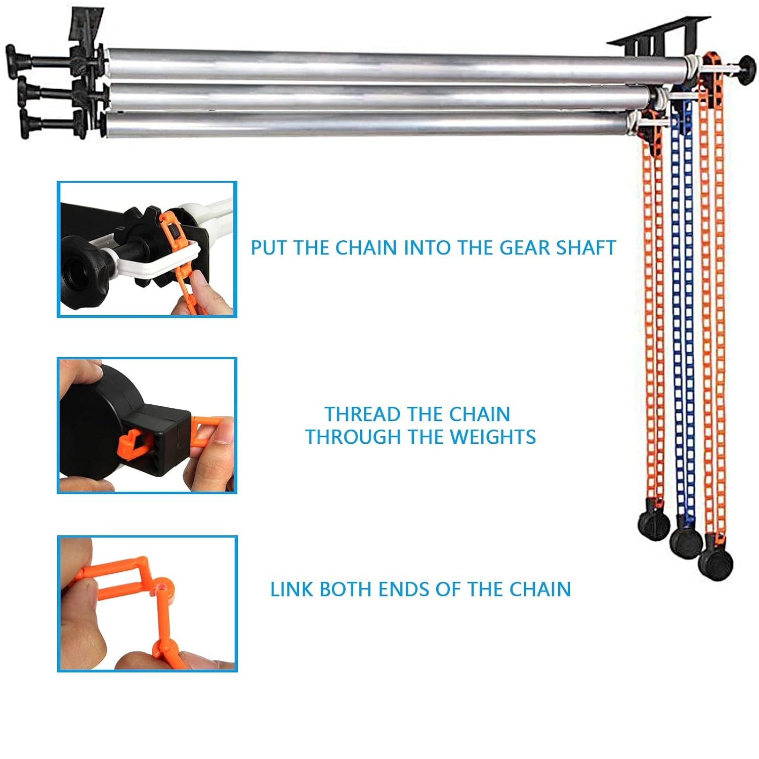 Digitek Photography Backdrop Wall Mount 3 Roller Support System, Manual Photo Background Ceiling Holder, Including 2 Tri-fold Hooks, 6 Expand Bars, 3 Chains, for Home Studio Live Stream Game Video