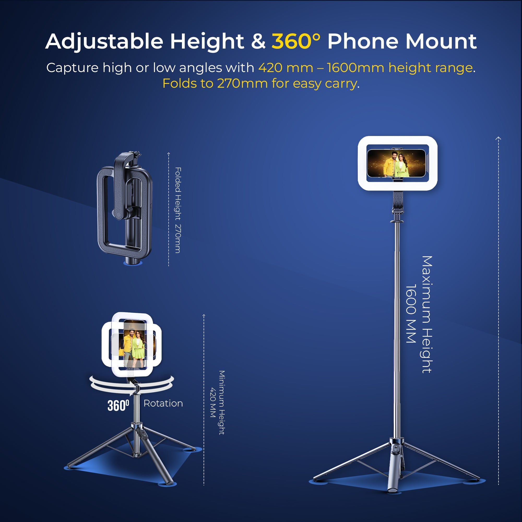عصا سيلفي قابلة للتمديد من ديجيتك (DTR 630 SS) مع إضاءة تعبئة، قاعدة رباعية، جهاز تحكم عن بعد لاسلكي، أقصى ارتفاع 1.6 متر، قضيب تلسكوبي بستة أقسام، دوران 360 درجة، حمولة 1 كجم، متوافقة مع أجهزة أندرويد وآيفون