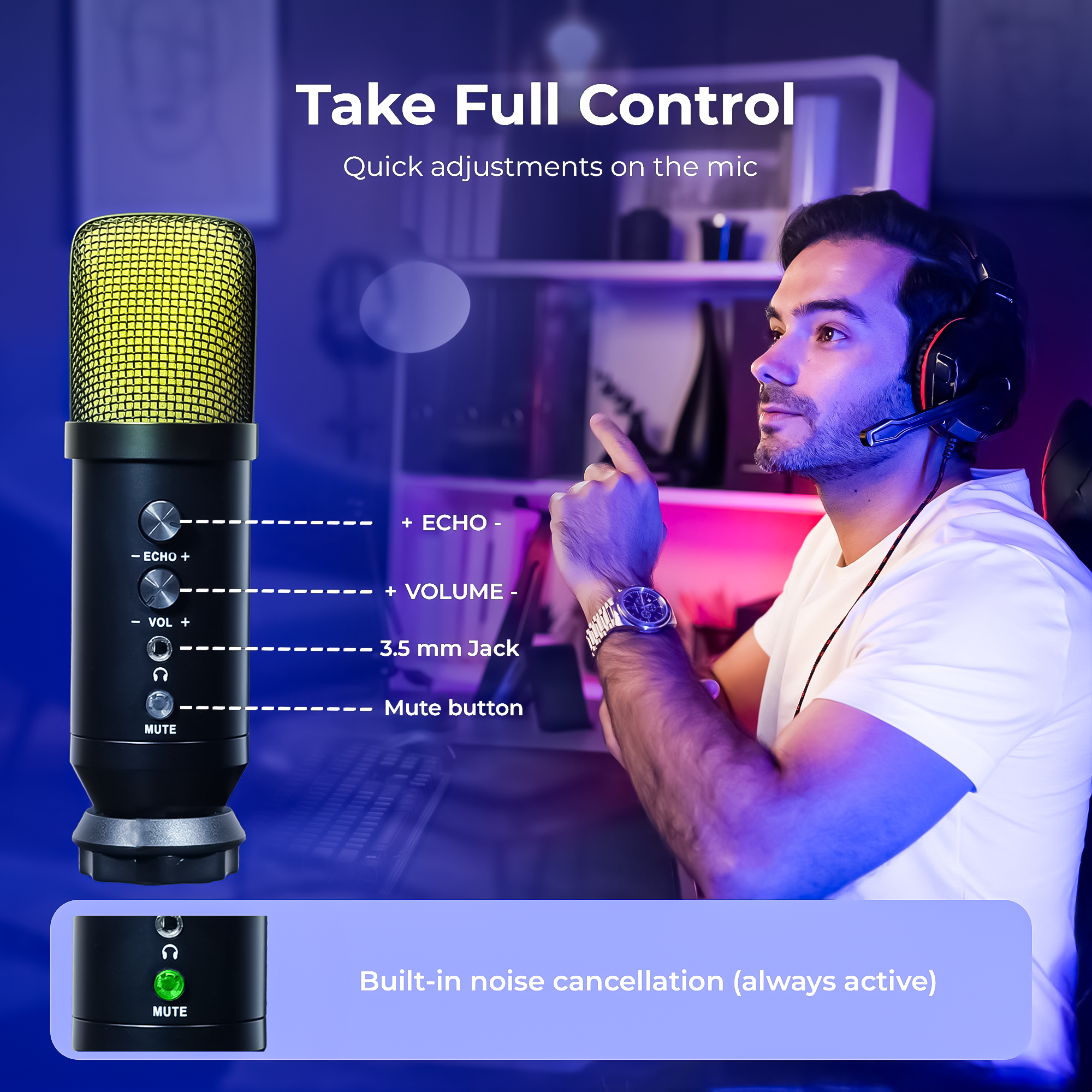 Digitek (DM 401) RGB USB Condenser Microphone Kit with BoomArm, Pop Filter, Shock Mount, Mic Cover, Desktop Mount, Tripod & 1.5M USB Cable, Compatible with PS4/PS5, Window & Mac PC/Laptop/Smartphone, for Podcasting, Gaming, Singing & Live Streaming