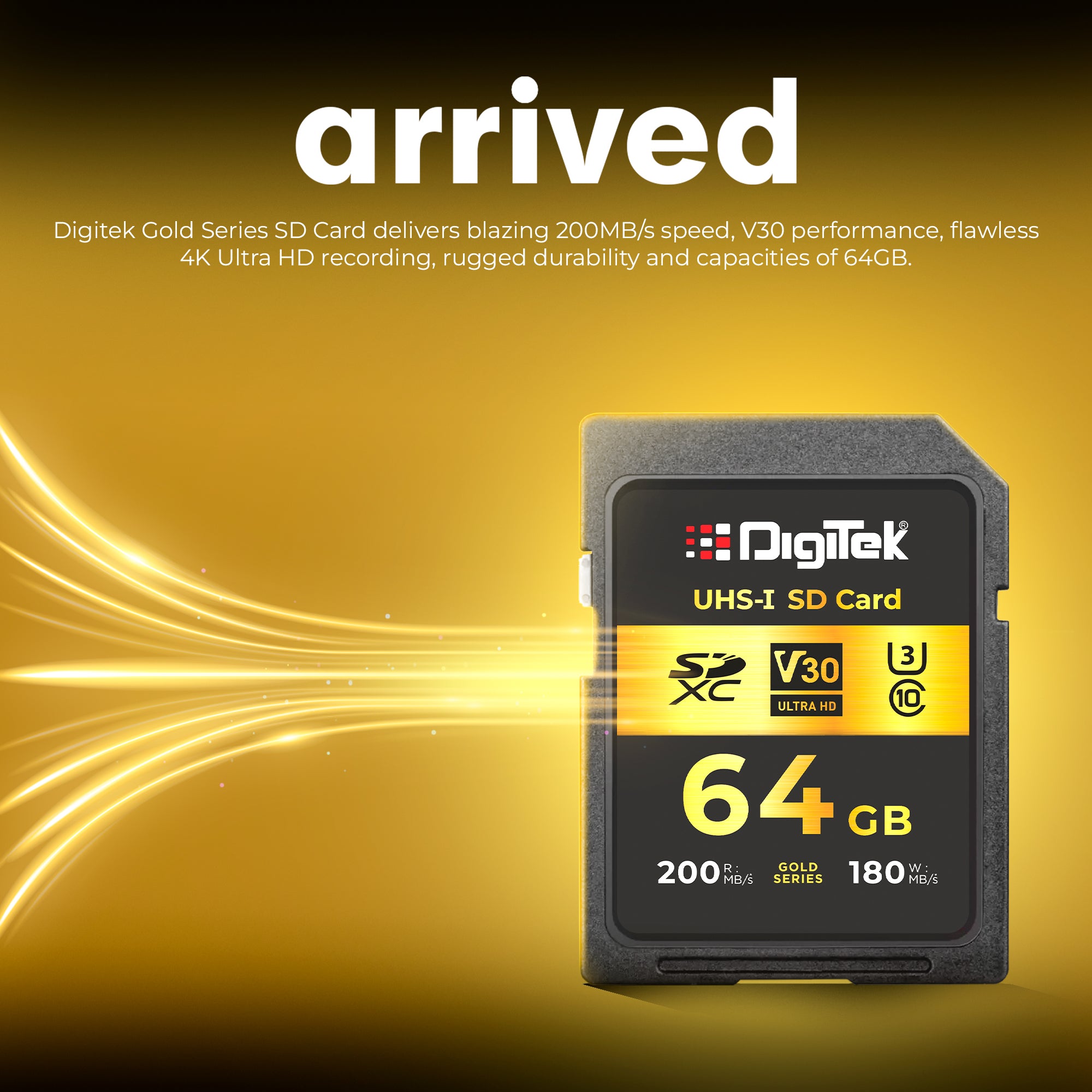 Digitek V30 Ultra HD 64GB UHS-I SD Card – 200MB/s Read, 180MB/s Write, Gold Series, 4K Ready