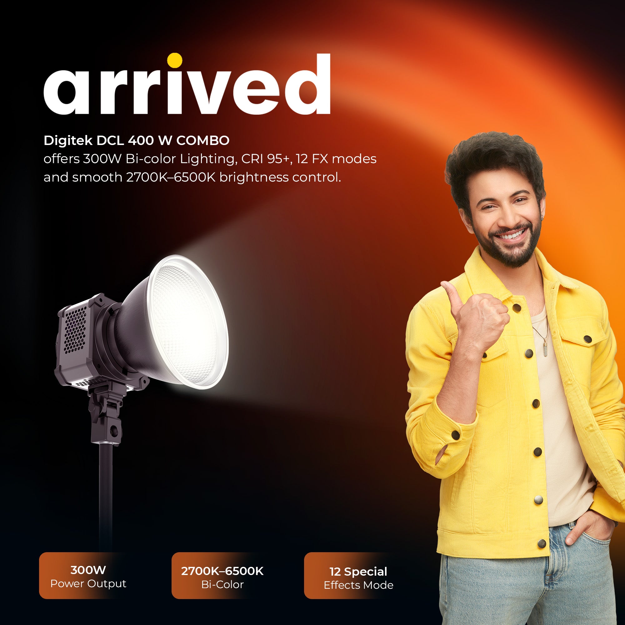 Digitek (DCL 400W Combo) 300W Bi-Color COB LED Continuous Light with Reflector, Remote/App Control, 2700K–6500K CCT, 0–100% Dimming, 18750LM Output, CRI 95, 12 FX Modes, Bowens Mount Studio Light