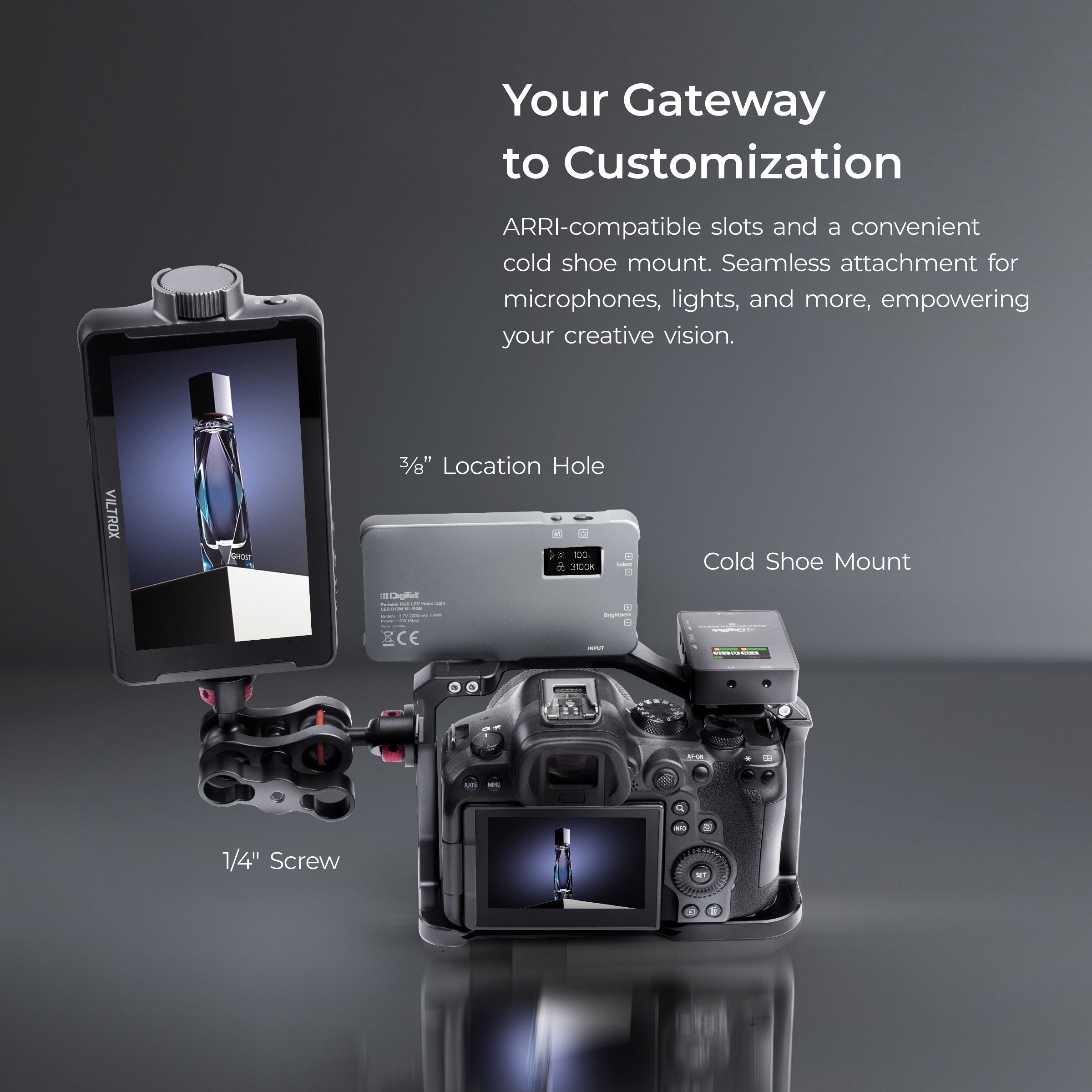 Digitek Cam Cage for (C) EOS-R5 R6 Camera Aluminum Form-Fitted Cage with Quick Tripod Mounting