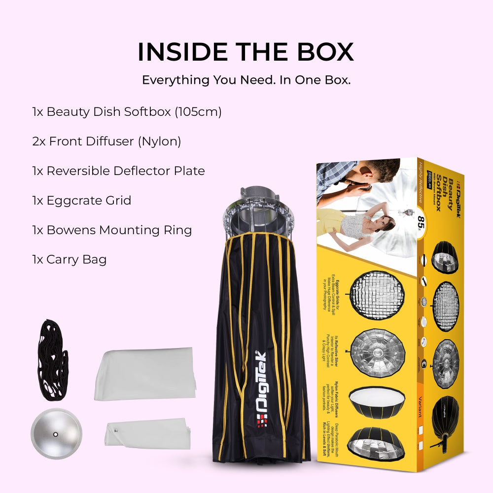 Digitek DBDS-105W 105cm Beauty Dish Softbox (White), Collapsible, Transportable, Lightweight Bowen Mount for Photography & Studio Lighting with Removable Diffuser