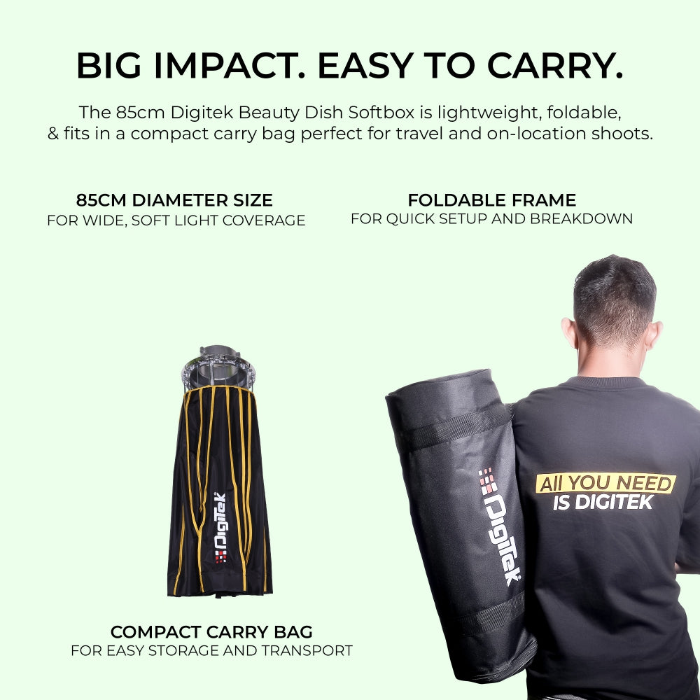 Digitek DBDS-85W 85cm Beauty Dish Softbox (White), Collapsible, Transportable, Lightweight Bowen Mount for Photography & Studio Lighting with Removable Diffuser