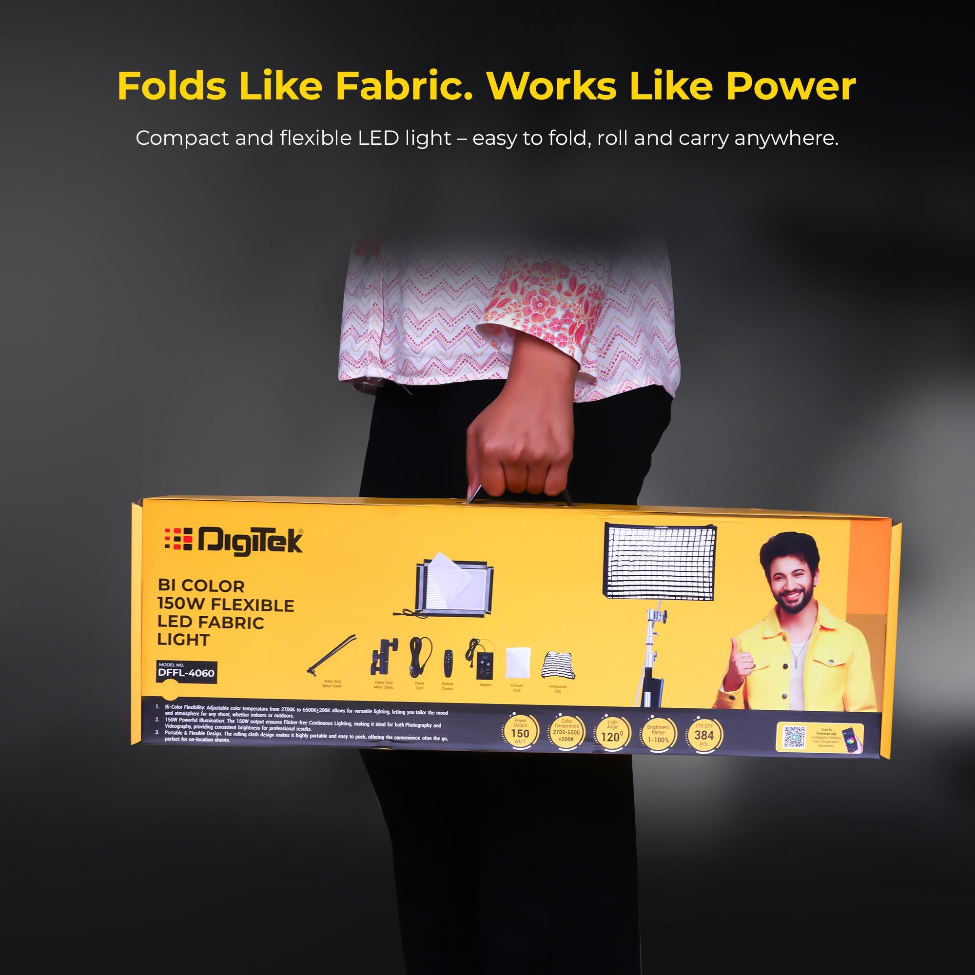 Digitek®(DFFL 4060) 150W Bi-Color Flexible Fabric LED Light with Remote Control, 2700K-6500K±200K, 13500 Lux, RA 95+, 384 LEDs, 120° Beam Angle, Dimmable Video Light with Metal Frame, Diffuser and Honeycomb Grid for Photo & Videography