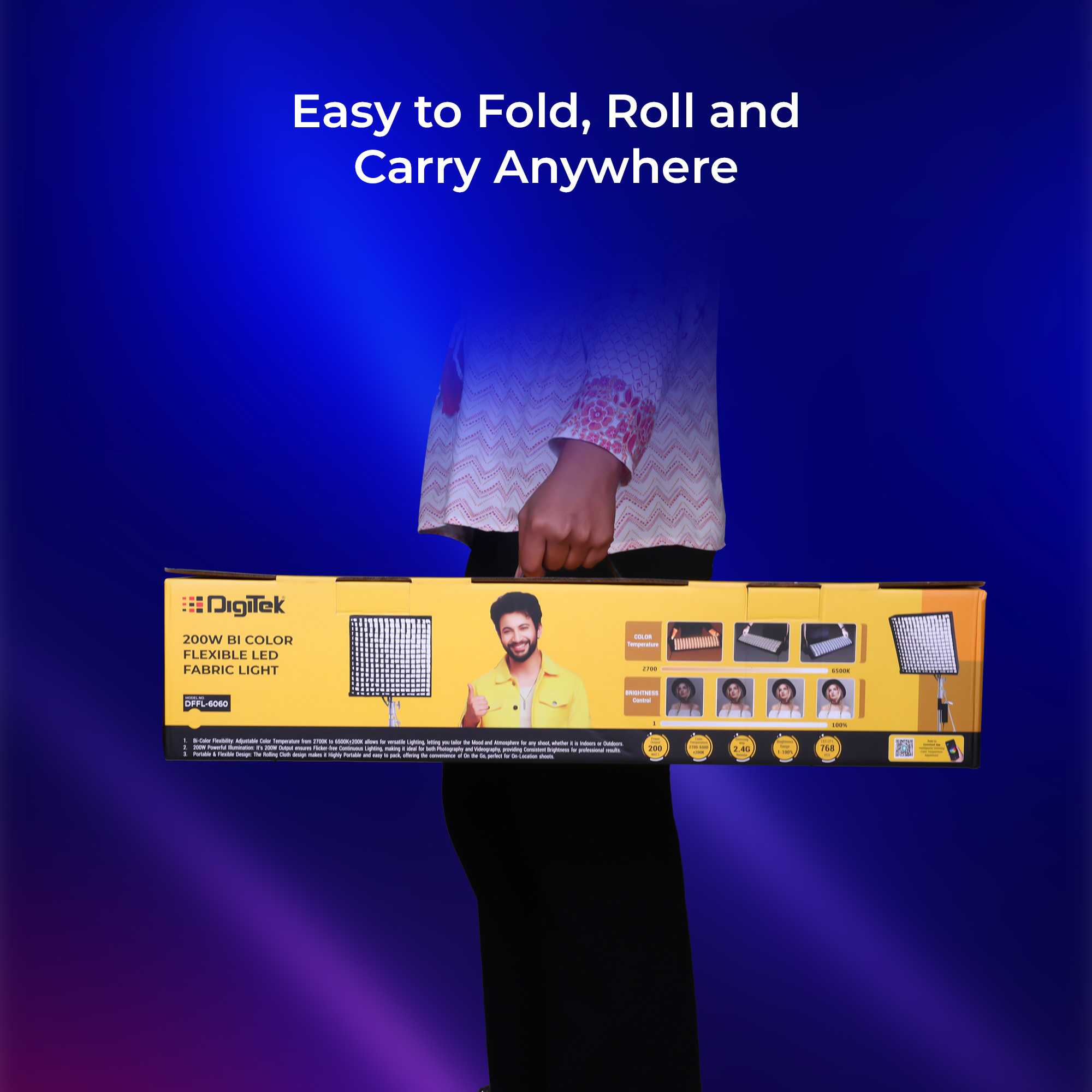 Digitek® (DFFL 6060) 200W Bi-Color Flexible Fabric LED Light with Remote & App Control, 768 LEDs, 2700K–6500K±200K, 5–100% Dimming, 120° Beam Angle, 18000LM, Includes X Bracket, Diffuser, Honeycomb Grid & Accessories, Ideal for Photo & Videography