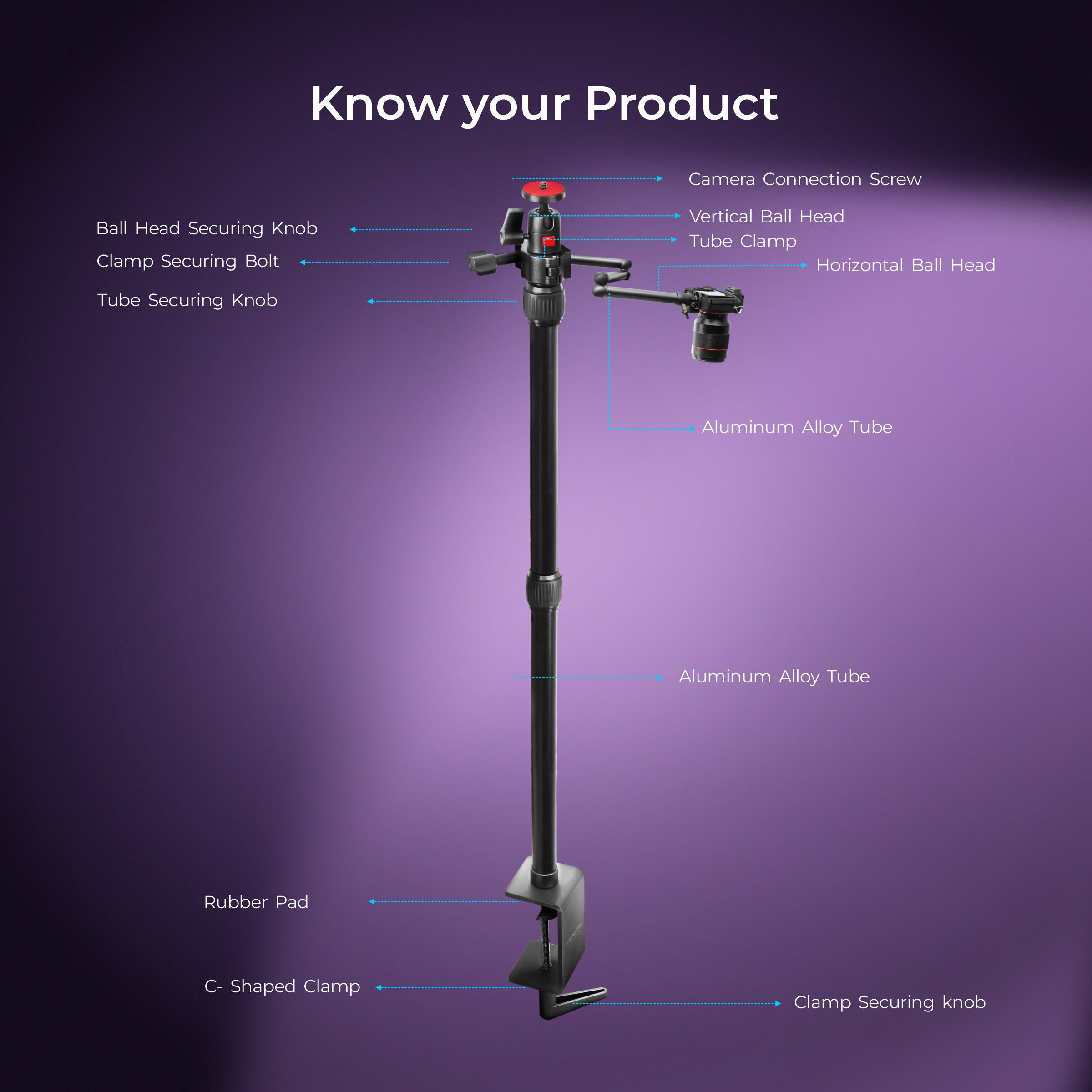 حامل طاولة Digitek (DTMHA 001) مع ذراع تثبيت إضافي للبث المباشر، والفيديو العلوي، وسطح المكتب، وغرفة النوم، ولوح السرير، والمكتب