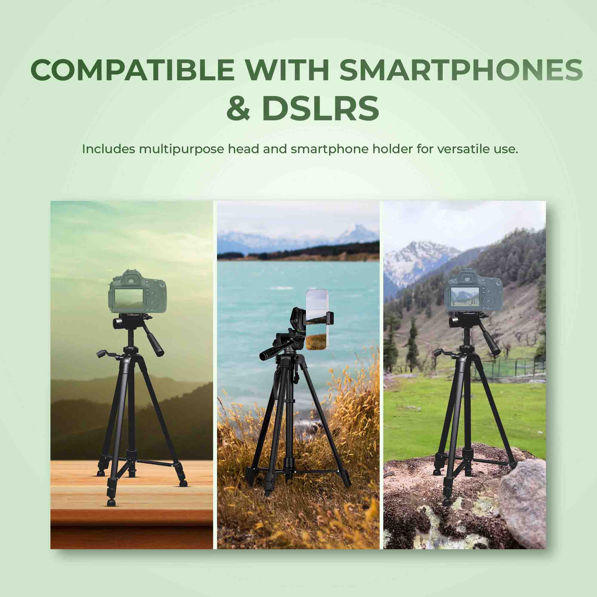 حامل ثلاثي القوائم قابل للطي من ديجيتك (DTR-490 LW) مع حامل للهاتف الذكي، ورأس دوار، ولوحة تحرير سريع، أقصى ارتفاع 1.4 متر، حمولة 4 كجم، أرجل مطاطية، قابل للتعديل بثلاثة أقسام لكاميرات DSLR والهواتف الذكية