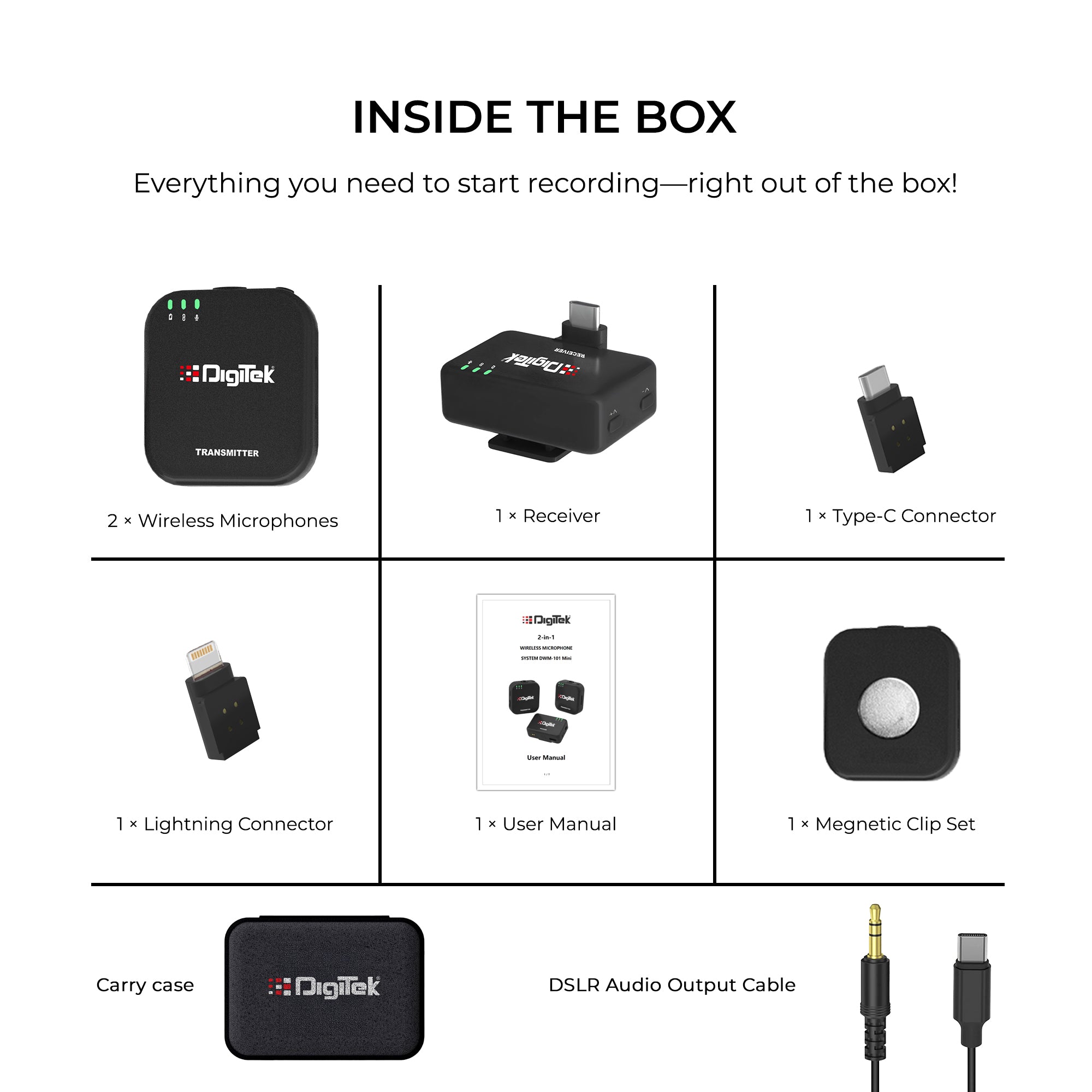 Digitek (DWM 101 Mini) 2-in-1 Wireless Microphone, 2.4G Mic for iOS/Android, DSLR, PC/Laptop, 80m Range, TF Card Recording, 4.5hr Battery, Real-Time Monitoring, Ideal for Vlogging, Streaming, Meetings