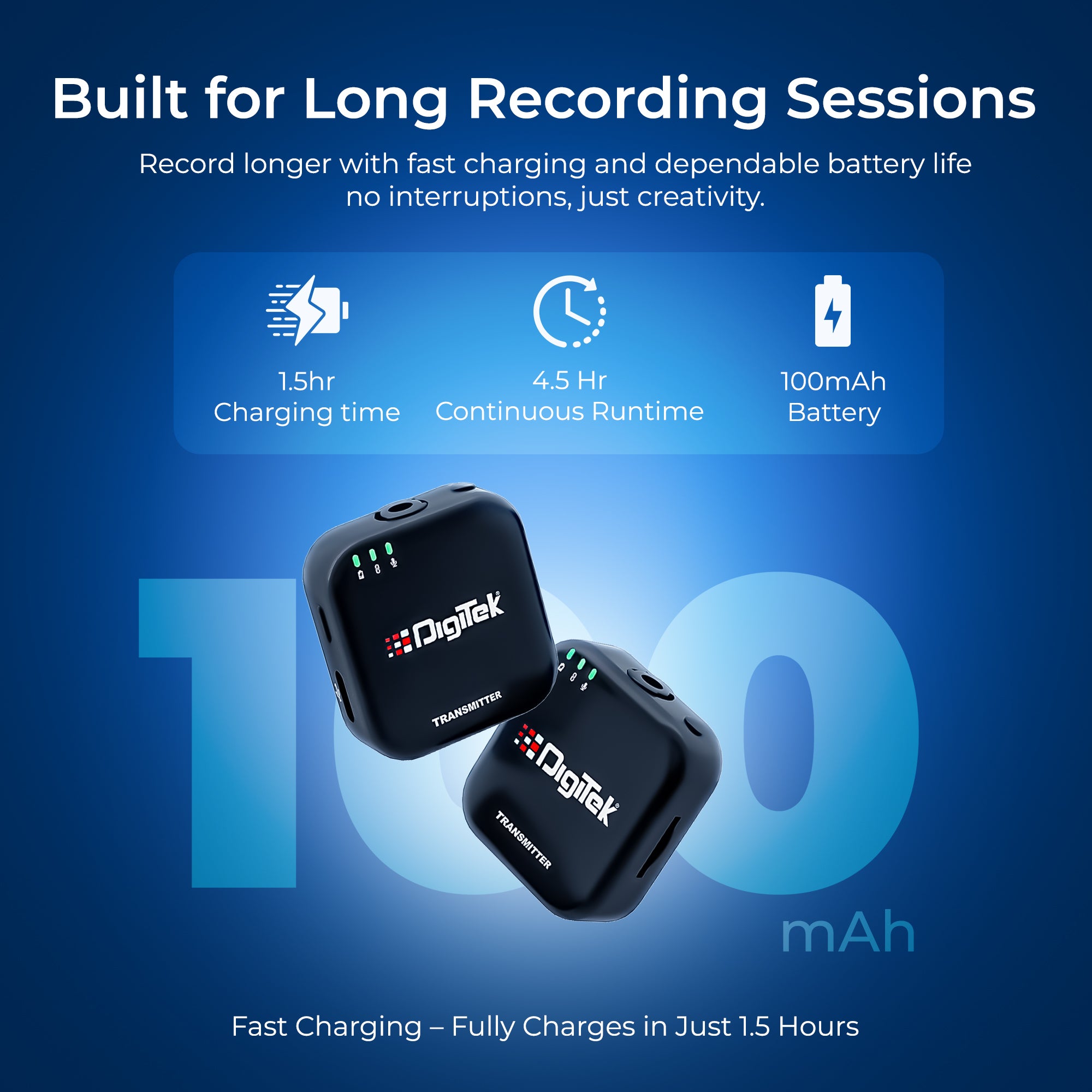 Digitek (DWM 101 Mini) 2-in-1 Wireless Microphone, 2.4G Mic for iOS/Android, DSLR, PC/Laptop, 80m Range, TF Card Recording, 4.5hr Battery, Real-Time Monitoring, Ideal for Vlogging, Streaming, Meetings