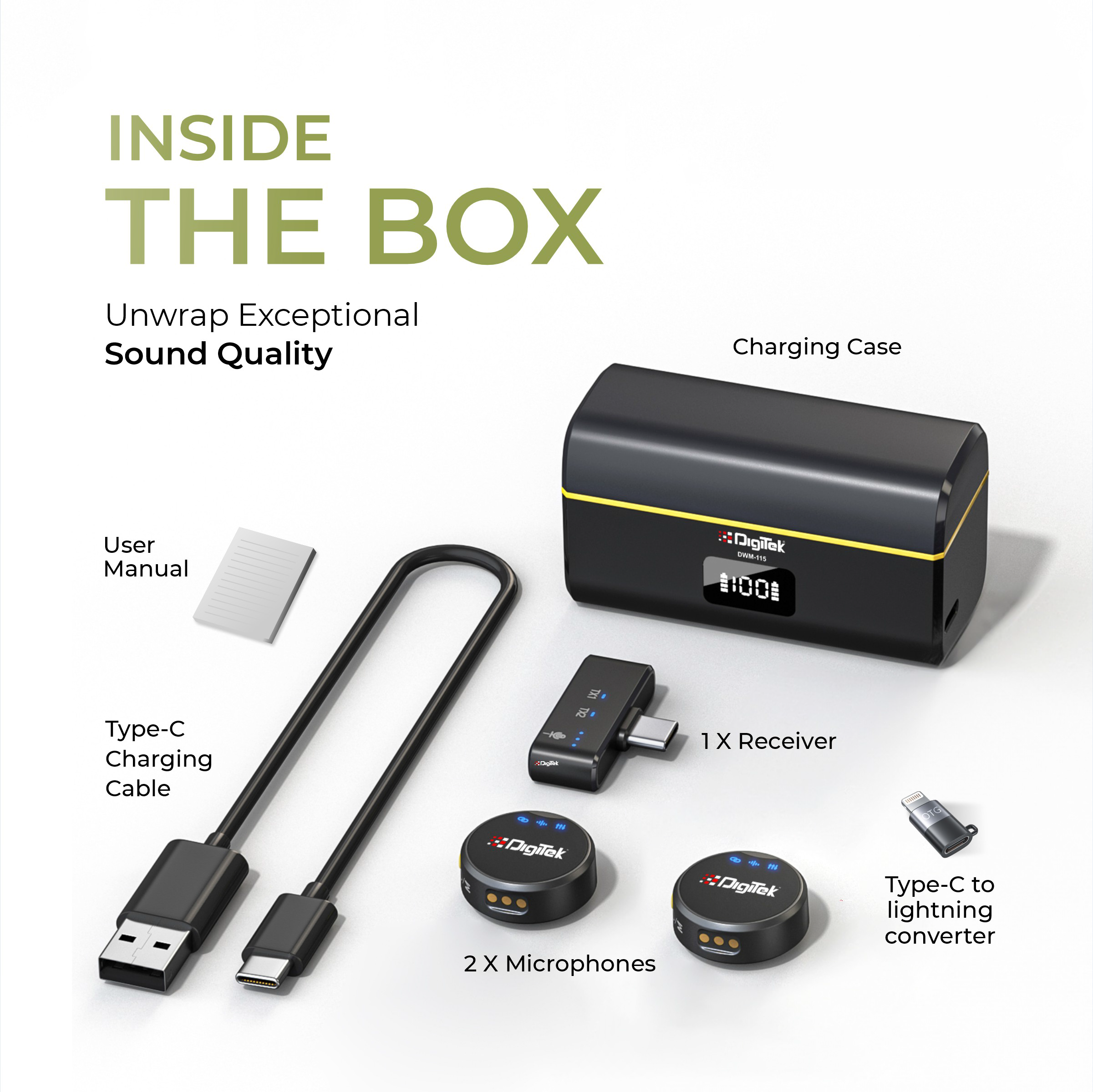 DIGITEK® (DWM-115) 2-in-1 Wireless Microphone, 2.4GHz, Magnetic Clip, Noise Reduction Lavalier Mic, 40m Range, 6Hr Battery, 360° Sound Capture for iOS & Android, Ideal Video Recording, Vlogging, Youtube