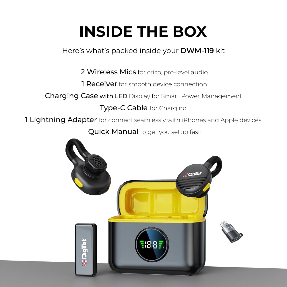 Digitek (DWM 119) 2-in-1 Wireless Microphone, 2.4G Mic with 30m Range, 6Hr Battery, Noise Cancellation & Power Indicator, for iPhone & Android Smartphones, Ideal for Vlogging, Live Streaming & Interviews