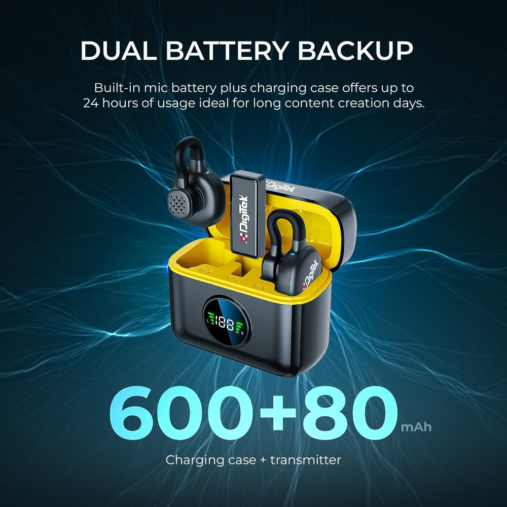 Digitek (DWM 119) 2-in-1 Wireless Microphone, 2.4G Mic with 30m Range, 6Hr Battery, Noise Cancellation & Power Indicator, for iPhone & Android Smartphones, Ideal for Vlogging, Live Streaming & Interviews