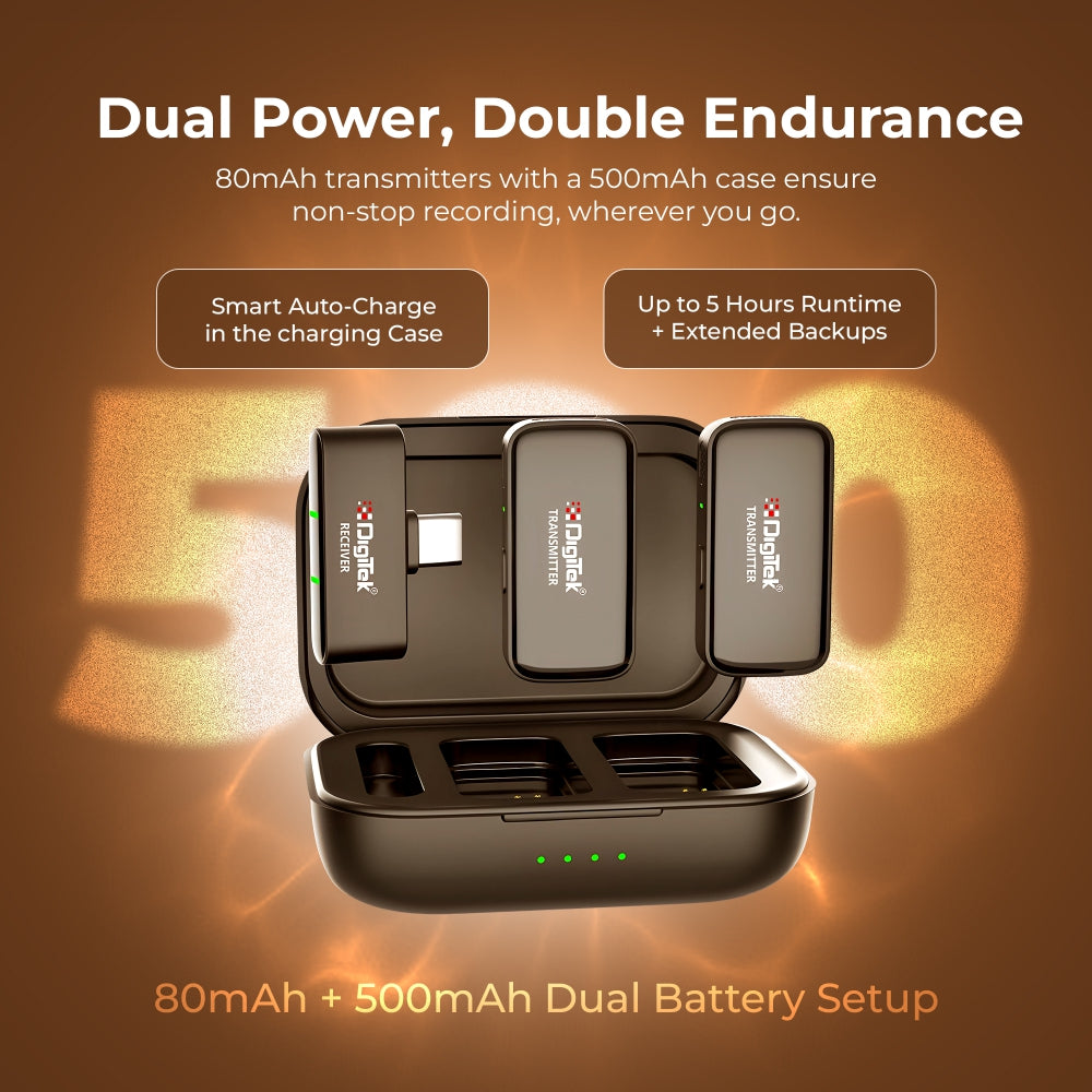 نظام ميكروفون لاسلكي Digitek (DWM 120)، مزود بخاصية تقليل الضوضاء، وميكروفون بتردد 2.4 جيجاهرتز بمدى يصل إلى 50 مترًا وبطارية تدوم 4.5 ساعات، متوافق مع هواتف iPhone وAndroid الذكية، مثالي لمدونات الفيديو والبث المباشر والمقابلات