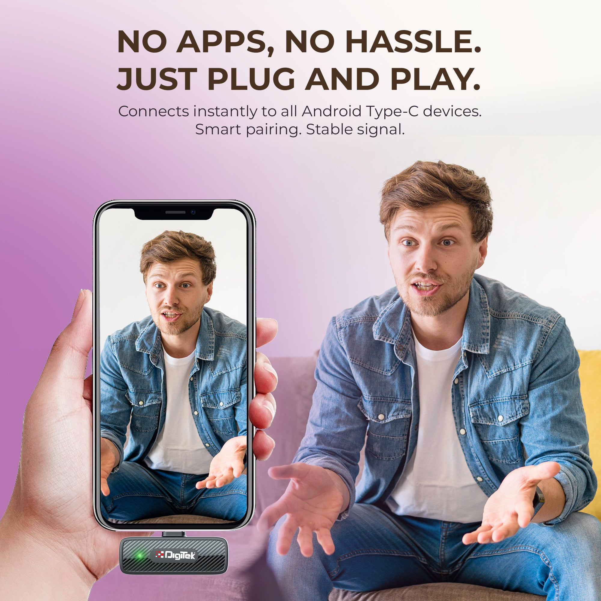 Digitek® (DWM-006 PRO) Wireless Microphone & Receiver with Type-C Connector, 2.4GHz Frequency, 4Hr Battery, 20m Range, For Android Phone & Type-C Devices, Ideal for Voice Recording & Live Streaming