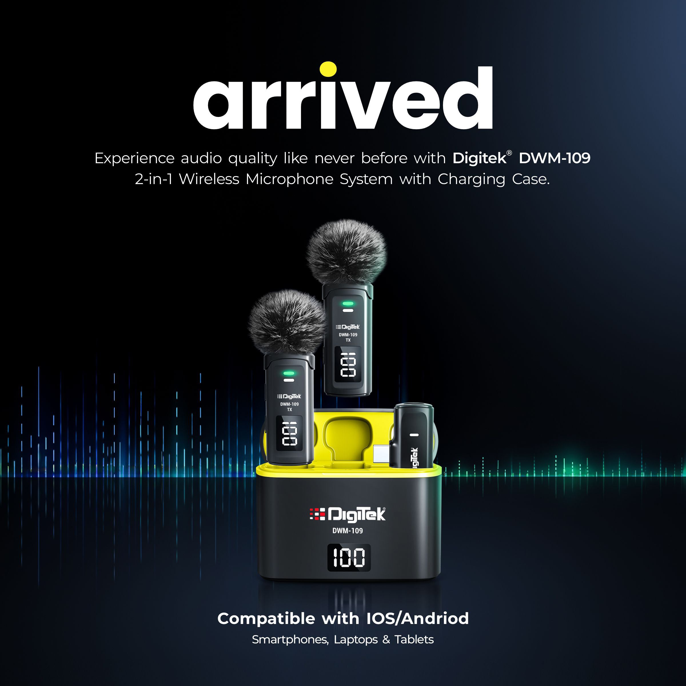 Digitek® DWM-109 2-in-1 Wireless Microphone System, 50m Range, 7Hr Battery, Type-C to Lightning Converter, 2.4GHz, Noise Reduction, for Android & iPhone, Record Meeting, Interviews & More