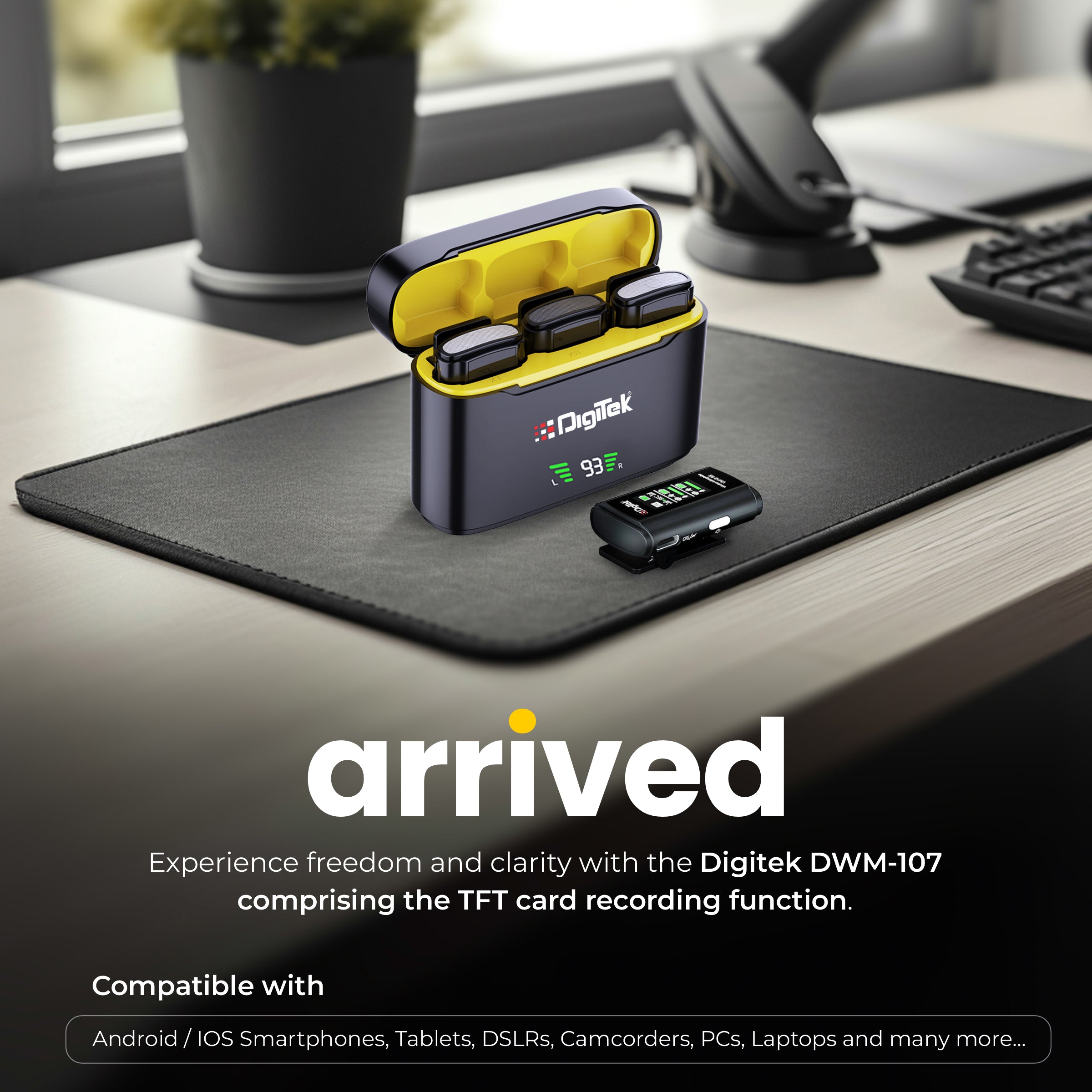 Digitekยฎ (DWM-107) 2-in-1 Wireless Microphone with TFT Card Recording & 360ยฐ Sound Capture, 60m Range, 2.4 GHz RF, 9Hrs Run Time, Noise Cancellation, Plug & Play, Compatible with Android, iOS, DSLR