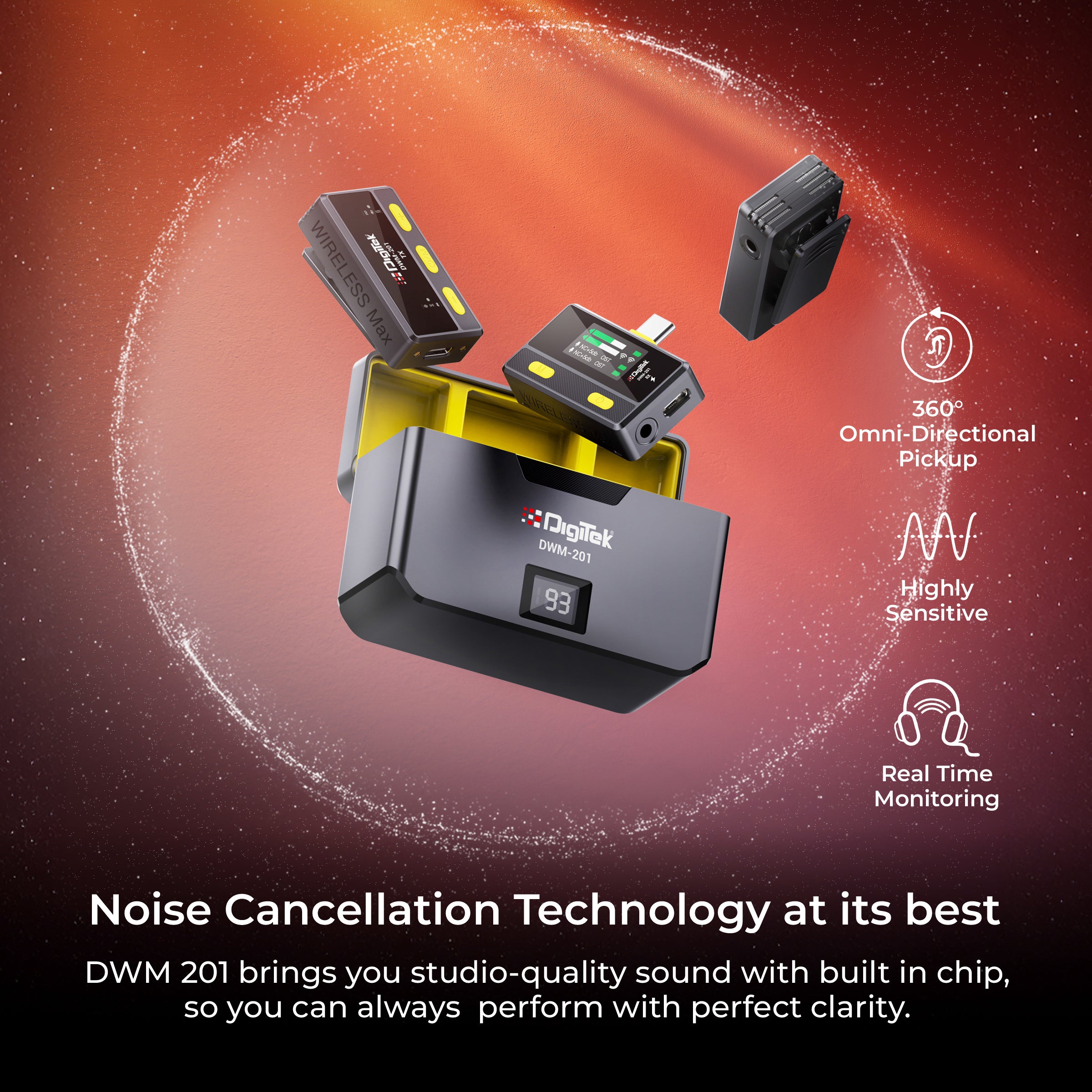 نظام ميكروفون لاسلكي Digitek DWM-201 مع جهاز تحكم عن بعد وخاصية إلغاء الضوضاء، 12 مؤثرًا صوتيًا، 3 أوضاع صوتية، مدى يصل إلى 50 مترًا، يُستخدم مع أجهزة iPhone/Android وكاميرات DSLR لتسجيل الفيديوهات والمقابلات والبودكاست.