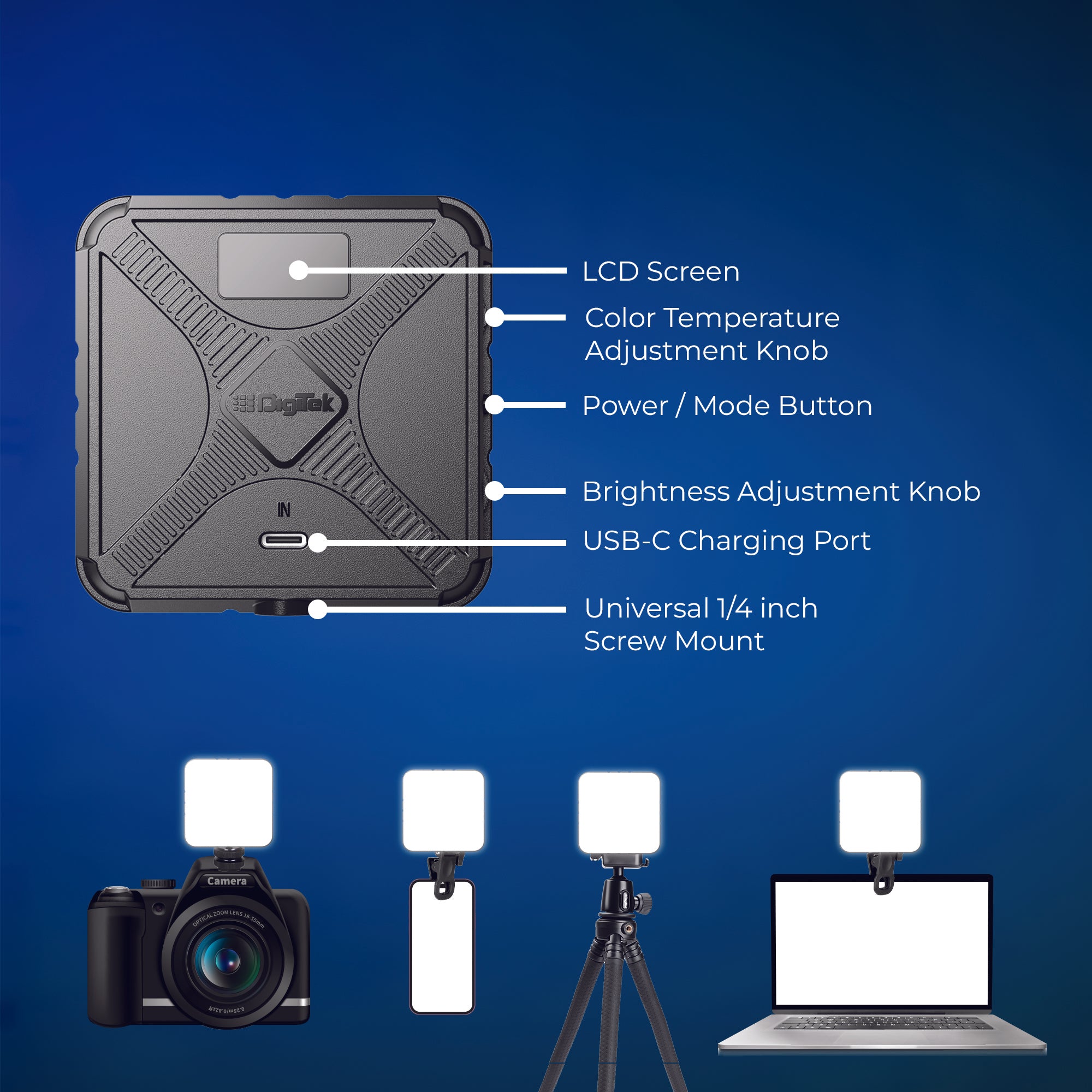 DIGITEK (LED-D11W RGB) 11W Portable Mini RGB LED Video Light with 2000mAh Battery, 21 Lighting Effects, 2500K–9900K CCT, HSI 0–360°, 120° Beam, CRI <95, 1/4" Mount, For Photography & Videography