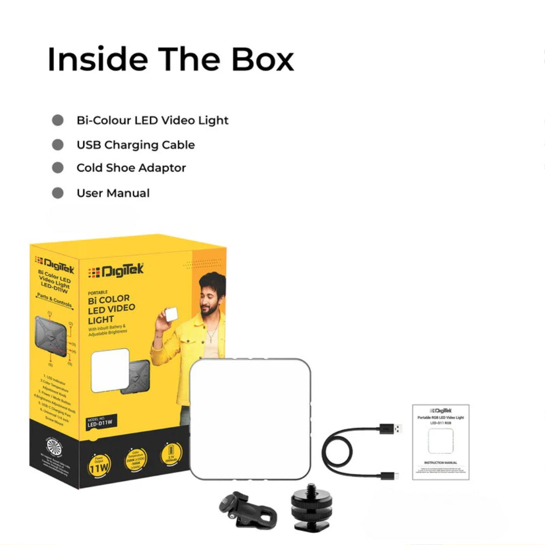 Digitek (LED-D11W Bi Color) Mini 11W Bi-Color LED Video Light with 120° Beam Angle, 2000mAh Battery, Brightness Adjustment, 2500K–9900K, Type-C Charging, 1/4" Mount, 40 LEDs Bulbs, for Vlogs & Live Streaming