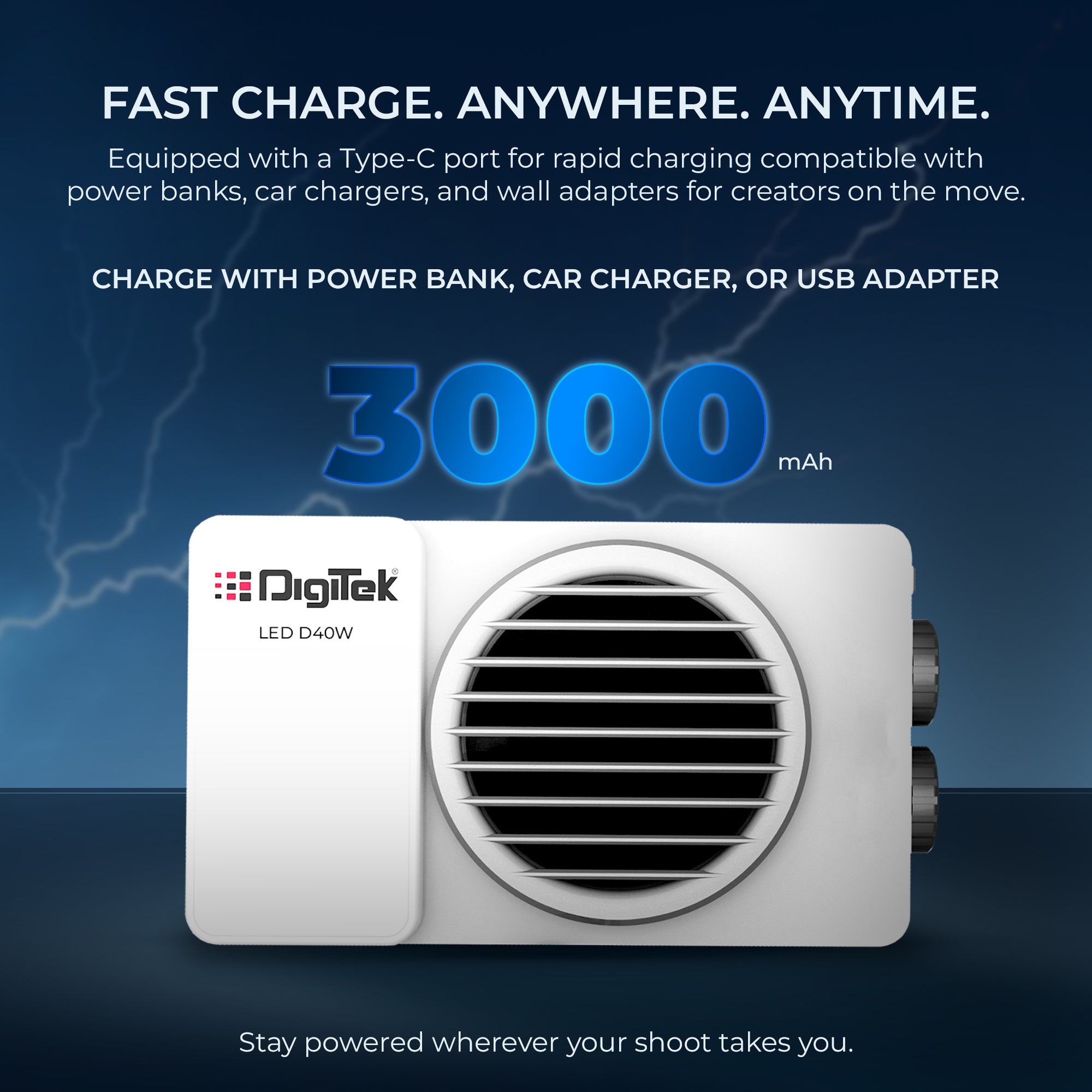 Digitek (LED-D40W) Portable 40W Bi-Color LED Video Light, 2700K-6500K, CRI 96+, 3600LM, 12 FX Lighting Effects, 120° Beam Angle, Built-in Battery & Type-C Charging, Ideal for Photo & Videography