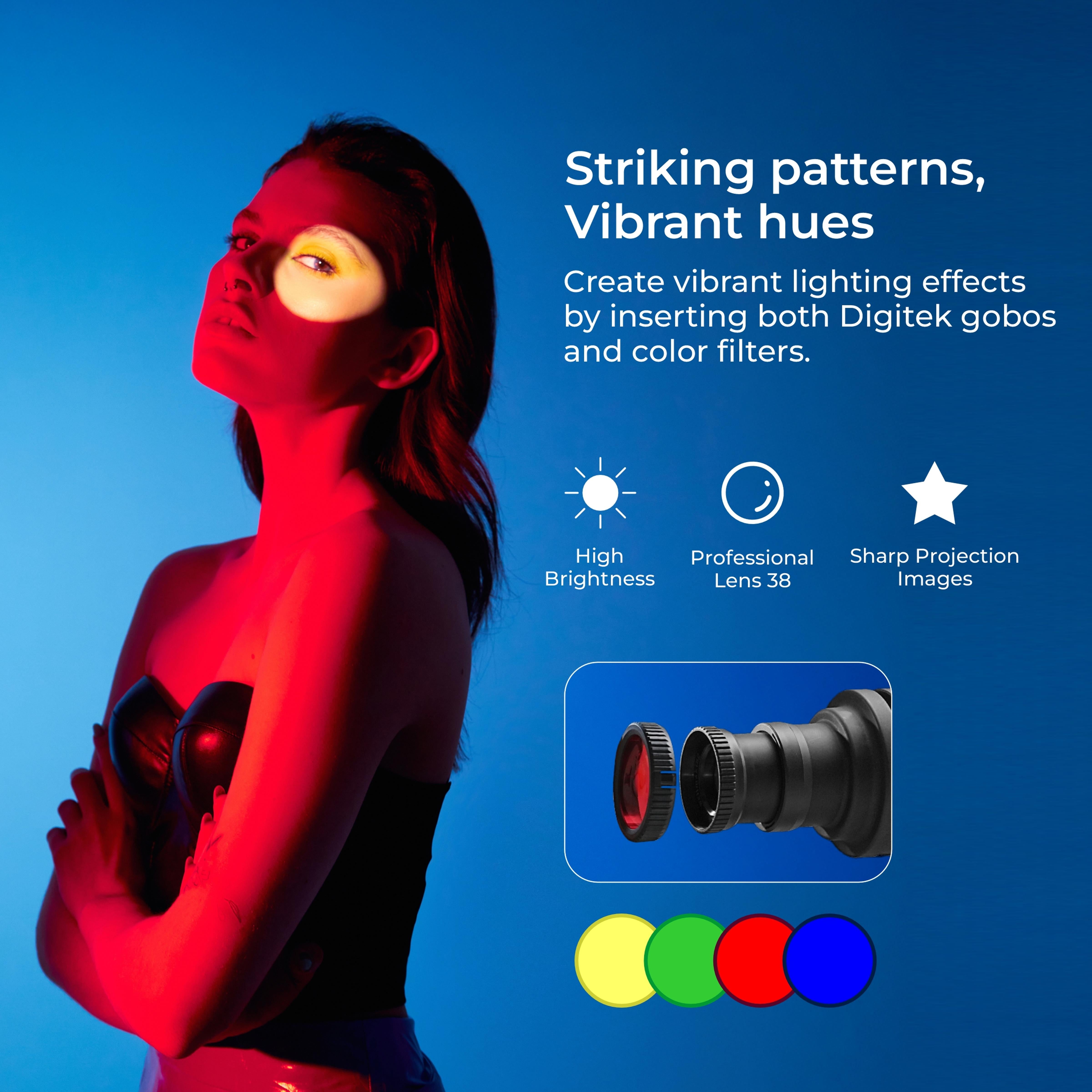 مجموعة جهاز عرض ضوئي Digitek (DS-240) Bowens Mount Optical Snoot مع إطار Gobo و 4 أفلام ملونة، و 6 أنماط Gobo من الفولاذ المقاوم للصدأ، وعدسة 38 درجة لأضواء LED، وعرض صورة حاد، ومناسب لأضواء LED المستمرة.