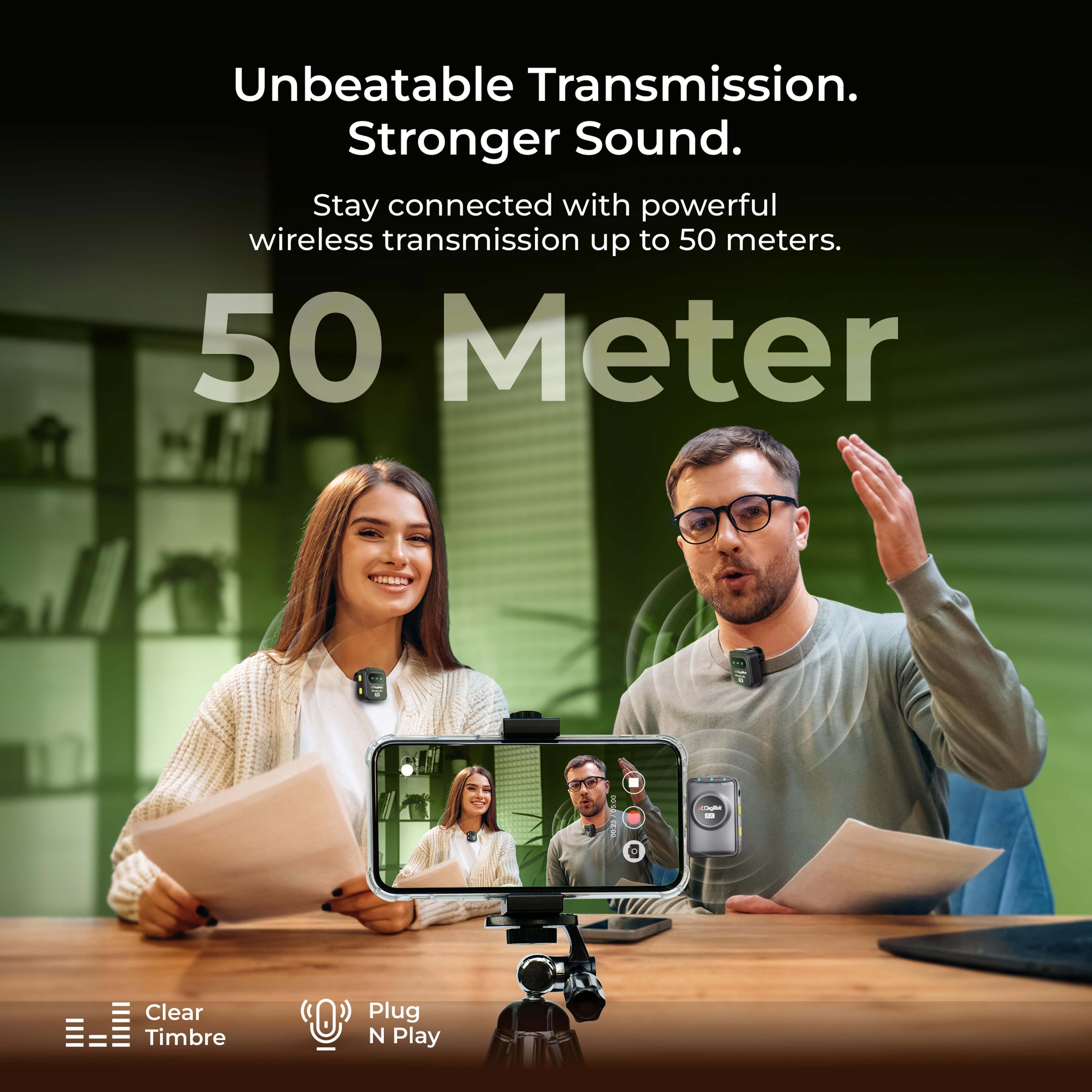 Digitek® (DWM-118) 2-in-1 Wireless Microphone, 50m Range, Noise Reduction, 7Hr Battery, Plug & Play, C-to-C & C-to-LTC Converter, iOS/Android/DSLR Compatible - for Vlogging/Interview/Video Shooting