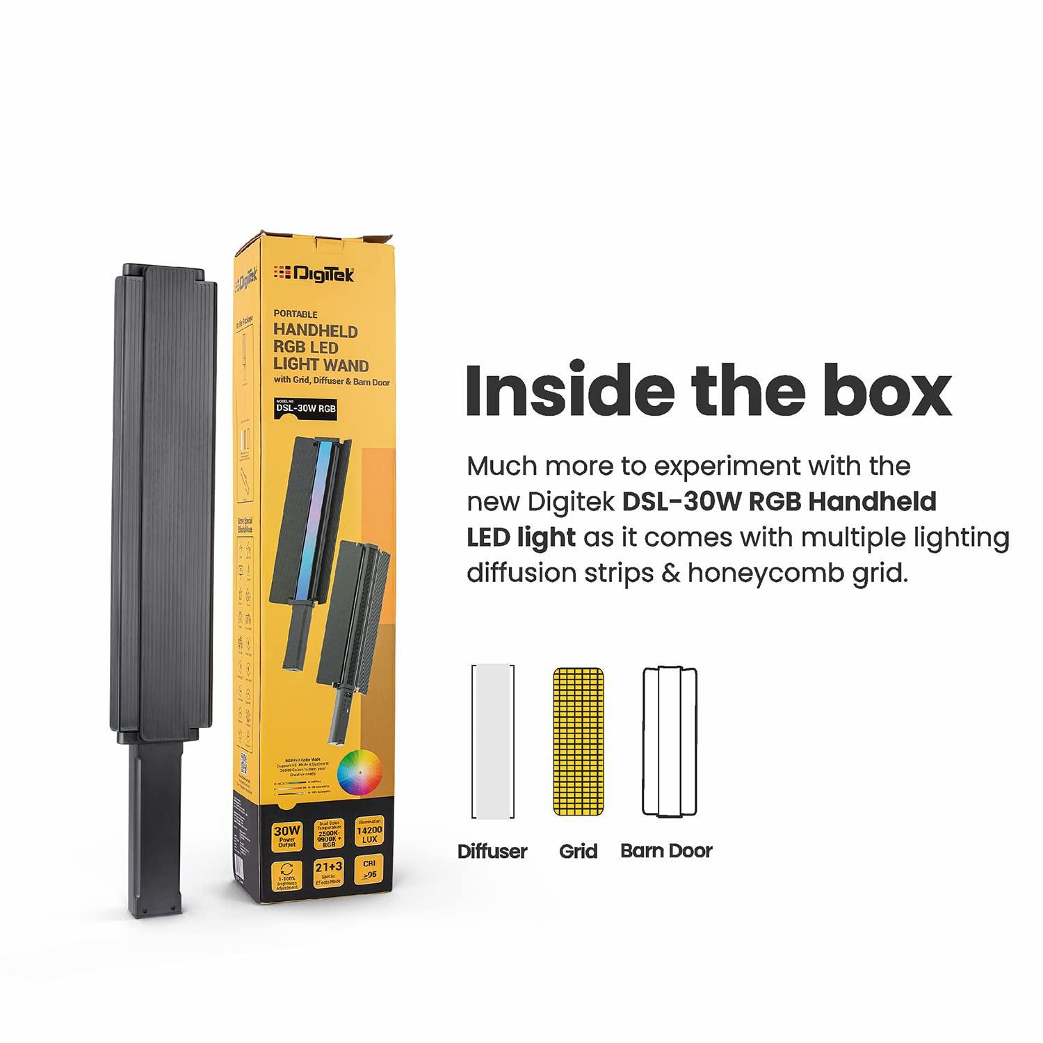 Digitek (DSL-30W RGB) Portable Handheld RGB LED Light Wand with Grid, Diffuser & Barn Door Comes with a 5200mAh Built in Battery Pack. - Digitek