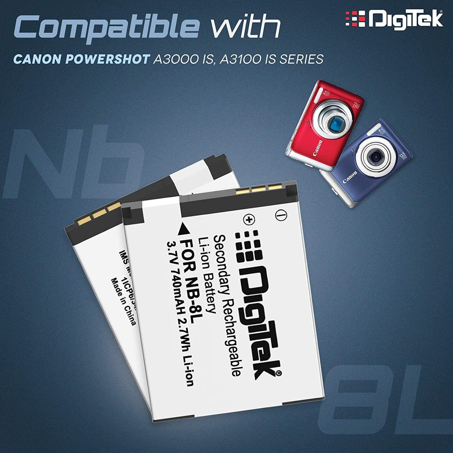 Digitek (NB-8L) Lithium-ion Rechargeable Battery for DSLR Camera, Compatibility - Powershot A2200IS, A3300IS, A3100IS, A3000IS, A3200IS, CB2LA - Digitek