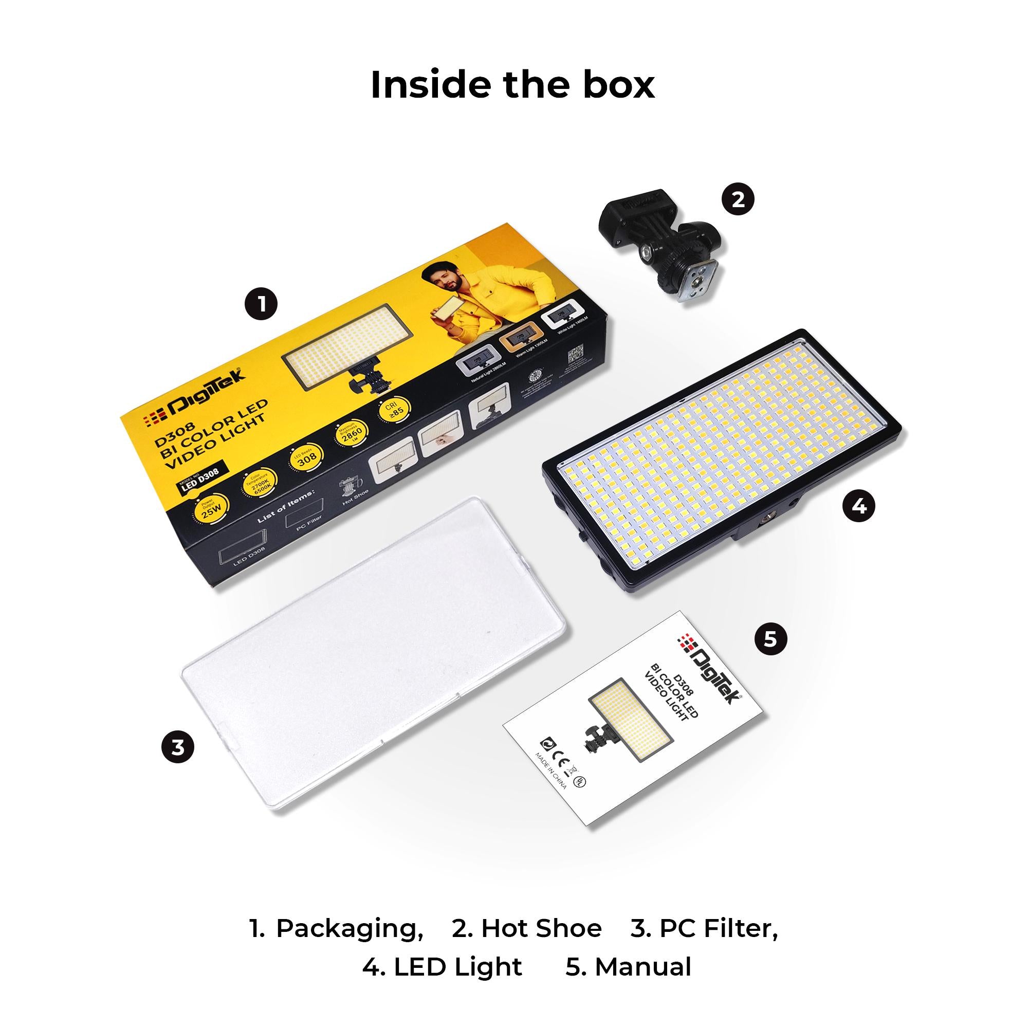 Digitek (LED-D308) 25W Bi-Color LED Video Light with Hot Shoe Mount, 2700K–6500K Adjustable Color Temperature, 308 LEDs, 2860LM Brightness, CRI 85+, For YouTube, Vlogging, Photography, Video Shoot (Battery Not Included)