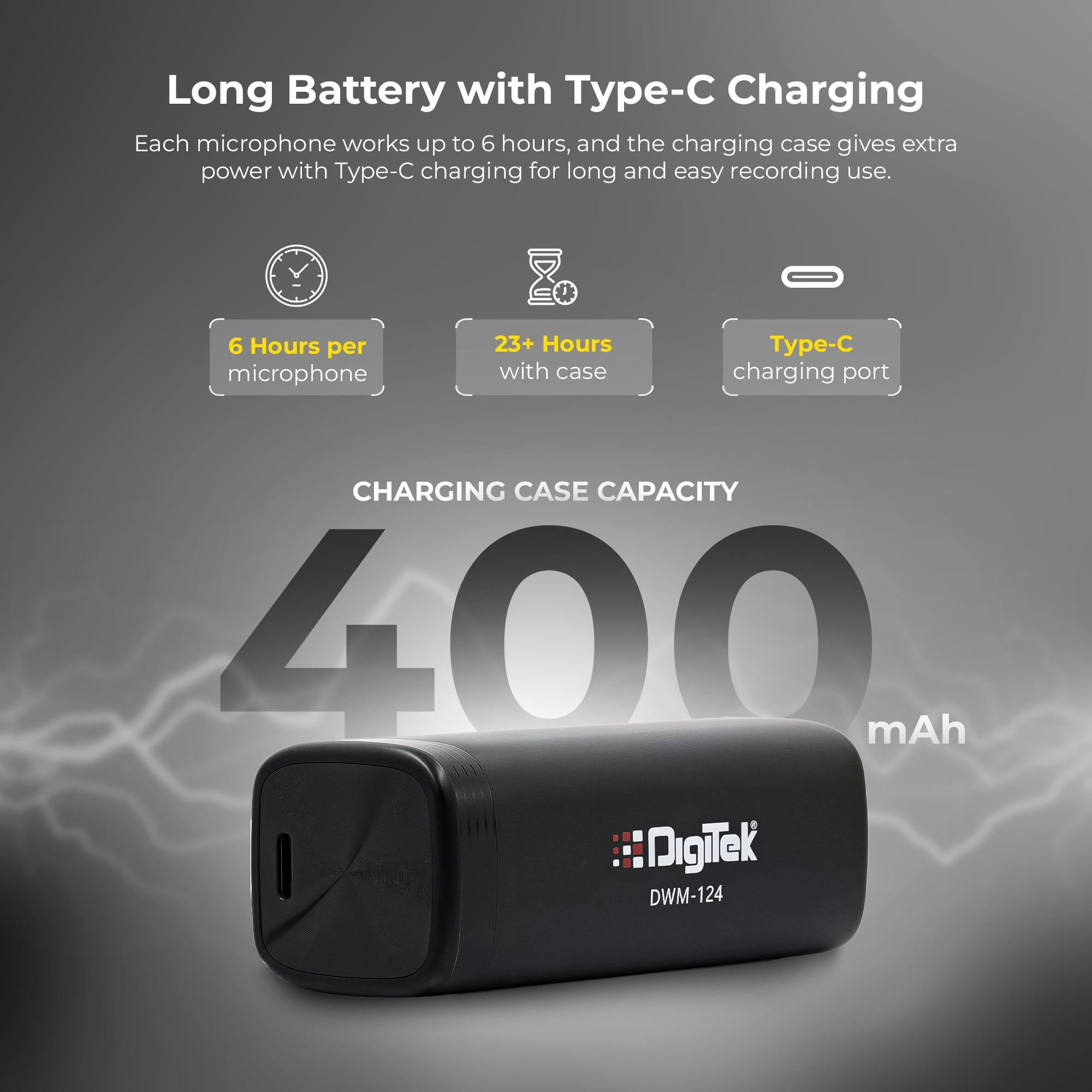 نظام ميكروفون لاسلكي ثنائي الوظائف من ديجيتك (DWM-124) لأجهزة آيفون 15 وما فوق وأجهزة أندرويد من النوع C، بمدى يصل إلى 80 مترًا، مع خاصية تقليل الضوضاء ووضع صدى الصوت، مثالي للمبدعين ومدوني الفيديو.