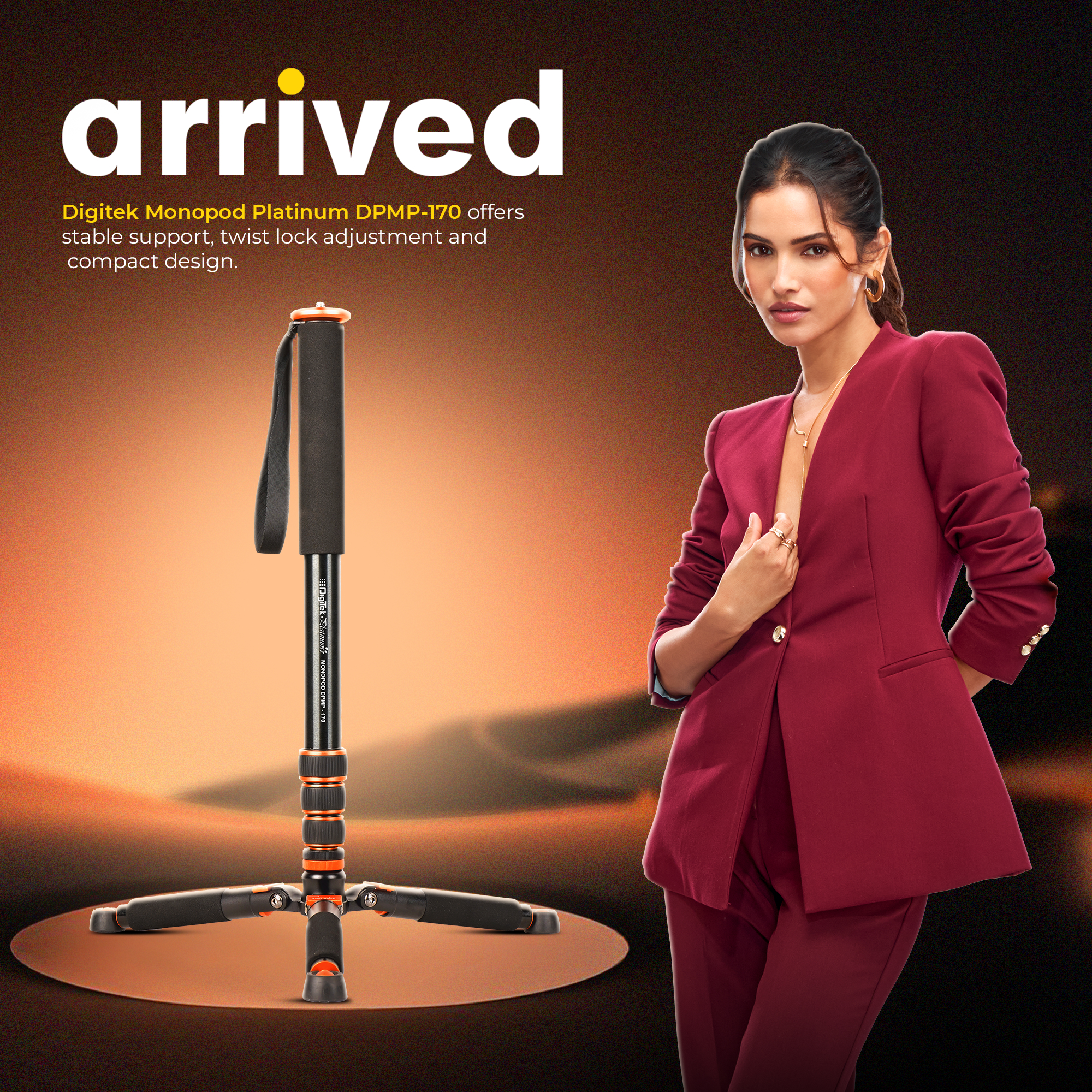 Digitek Platinum (DPMP 170) Portable Monopod with Twist Lock, 170cm Height, 3/8 & 1/4 Screw, Stable 3-Leg Base, 4-Section Adjustment, Strong Grip, Compatible with DSLR, GoPro, Smartphone Mounts & Gimbals, For Photo & Videography