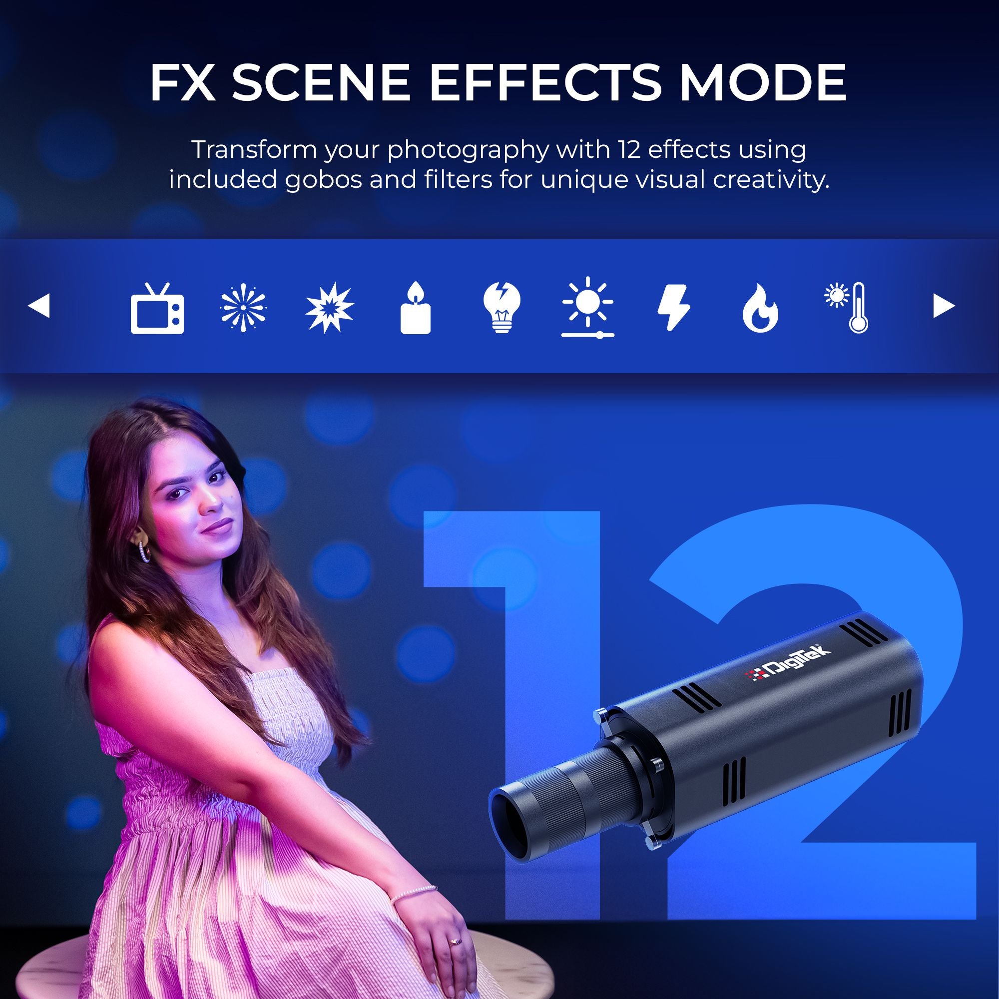 Digitek (DS 30 WTP) 30W Optical Snoot Zoom Gobo Projector, 12 Special Effects, 3900 Lumen, 3000mAh Battery, Dual Temp 2700K-6500K, 15 GOBOs and 5 Color Films, CRI ≥96, For Photo & Videography